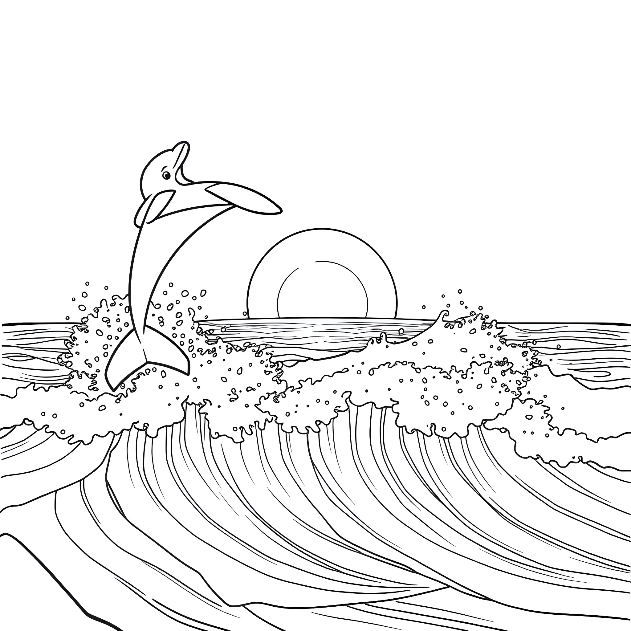 Dolphin splashing in the waves at sunset Coloring Page (free black-and-white line drawing printable PDF for all, from beginners to advanced learners, including children, teens, adults, and seniors)