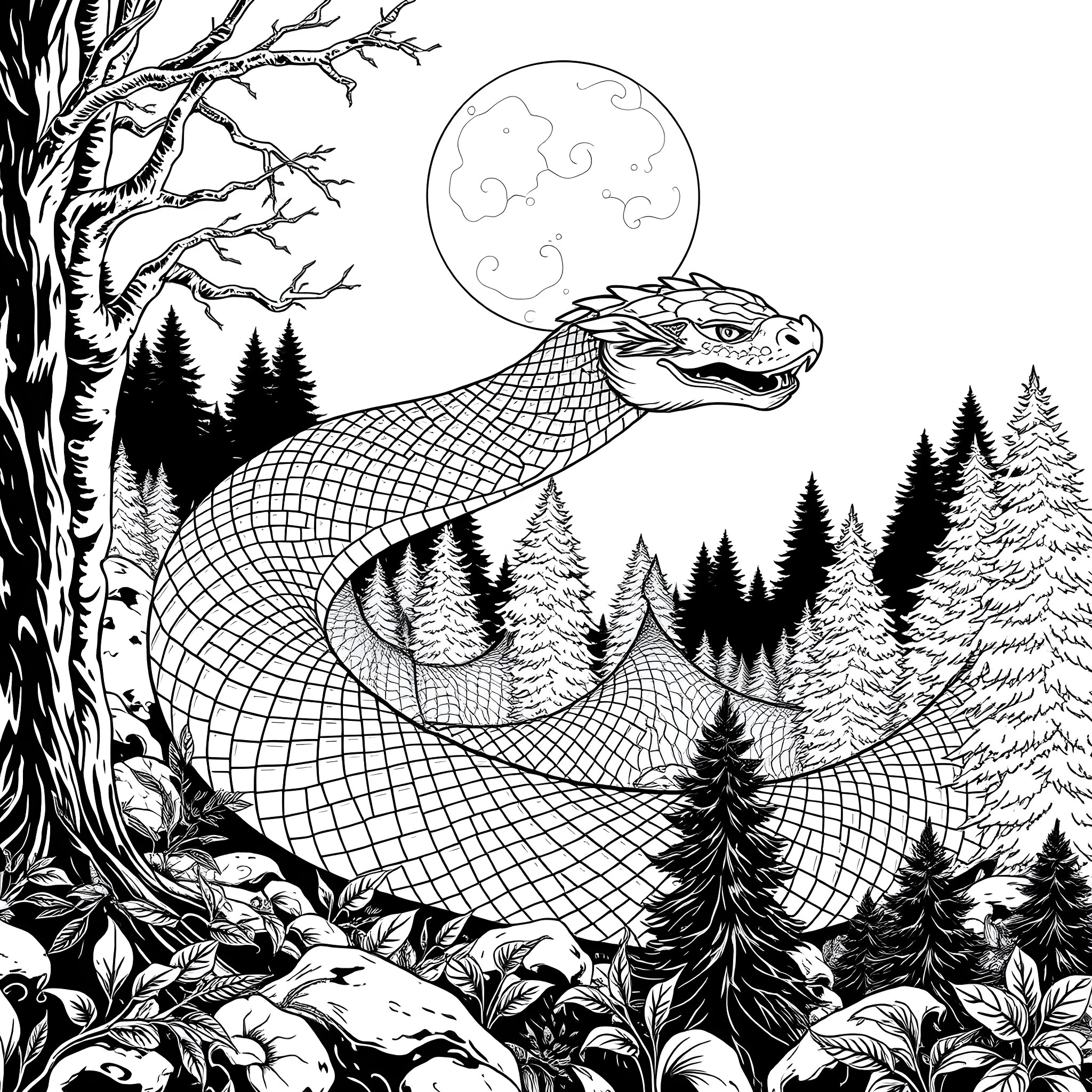 Uktena Snake Gliding through the Enchanted Forest Coloring Page (free black-and-white line drawing printable PDF for all, from beginners to advanced learners, including children, teens, adults, and seniors)