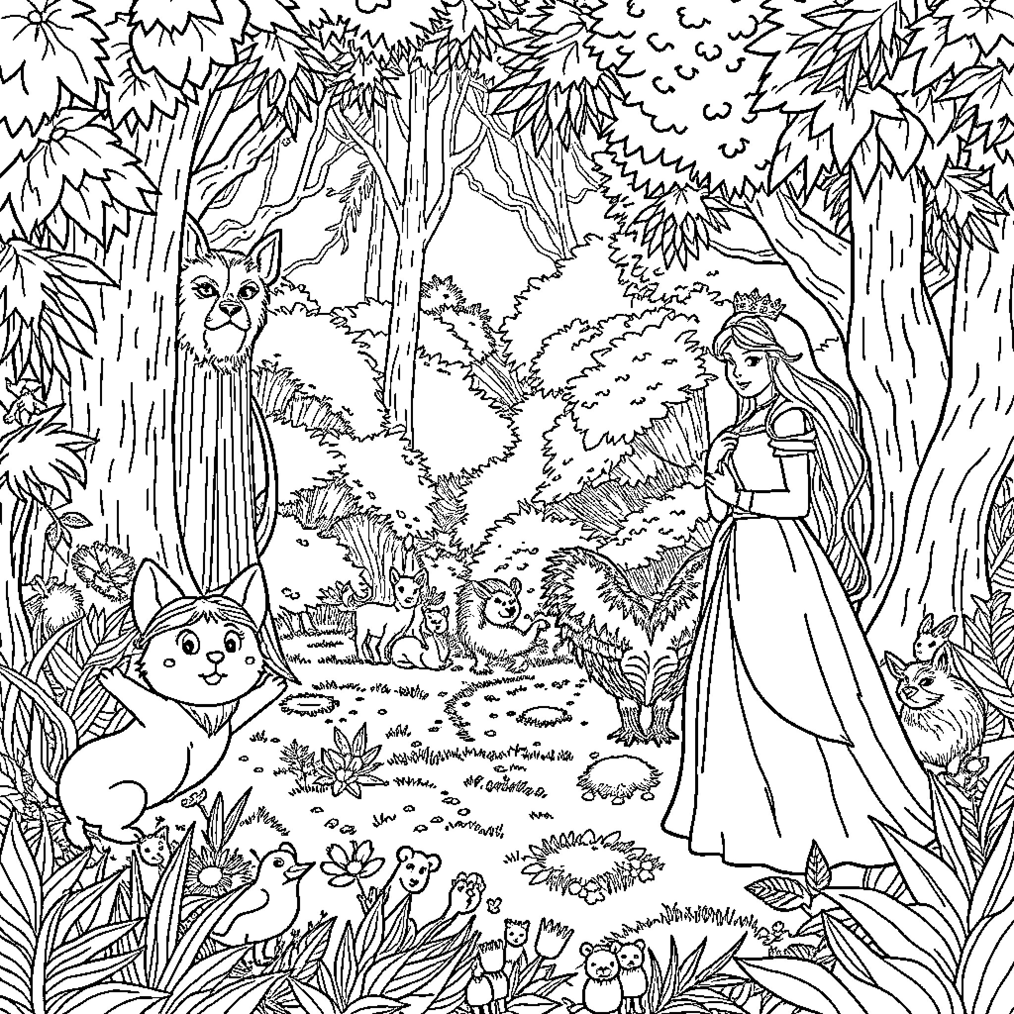 Princess Exploring the Enchanted Forest Coloring Page (free black-and-white line drawing printable PDF for all, from beginners to advanced learners, including children, teens, adults, and seniors)