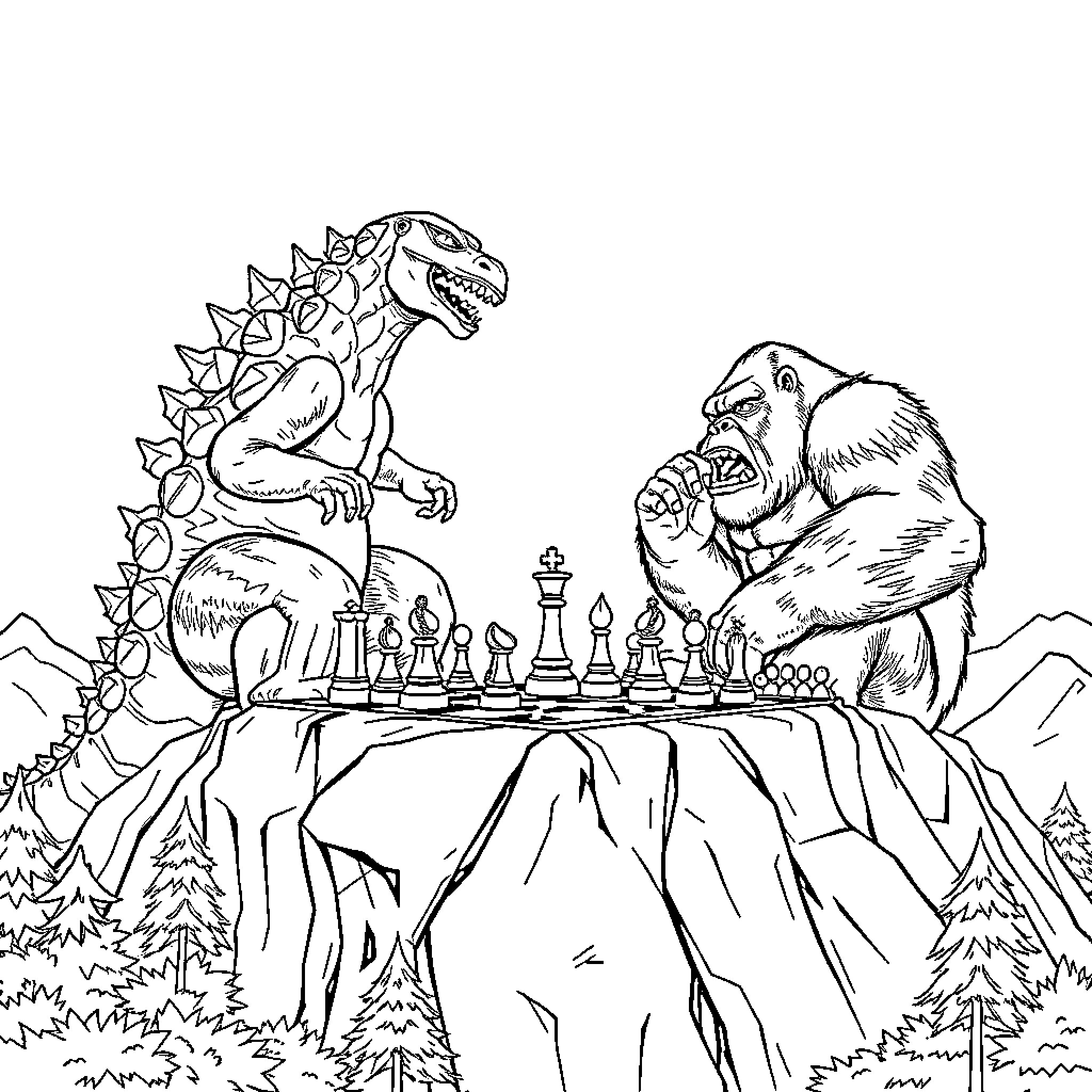 Godzilla and Bigfoot playing chess on a cliff Coloring Page (free black-and-white line drawing printable PDF for all, from beginners to advanced learners, including children, teens, adults, and seniors)
