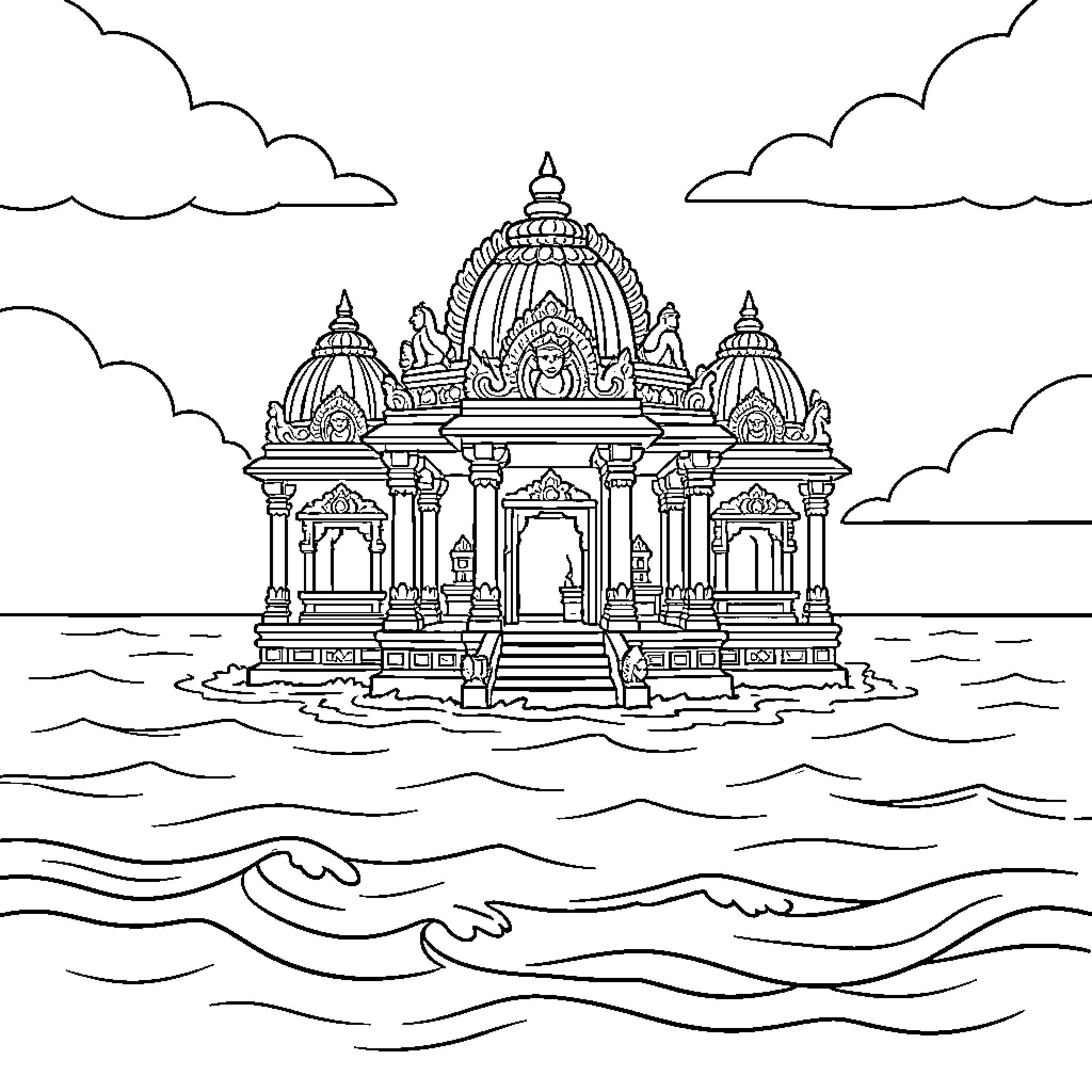 Vinayagar temple standing majestically amidst ocean waves Coloring Page (free black-and-white line drawing printable PDF for all, from beginners to advanced learners, including children, teens, adults, and seniors)