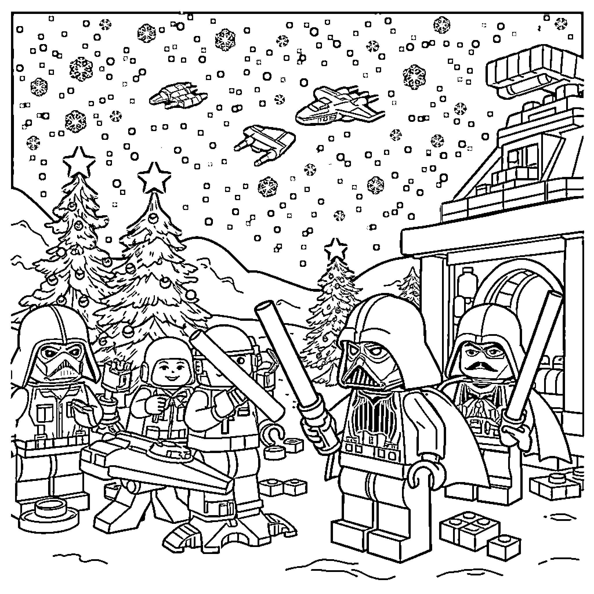 Lego Star Wars Characters in Winter Wonderland Coloring Page (free black-and-white line drawing printable PDF for all, from beginners to advanced learners, including children, teens, adults, and seniors)