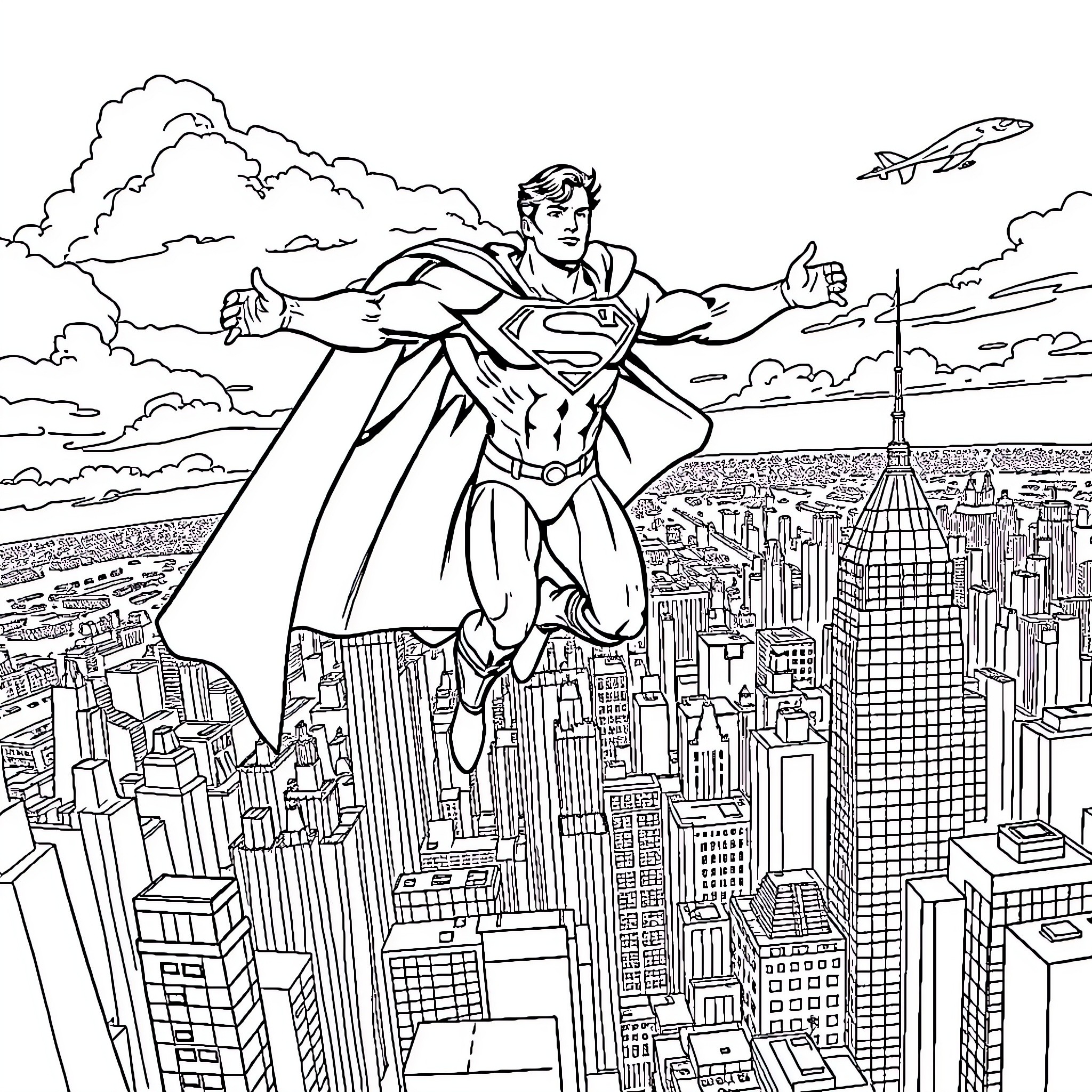 Superman soaring high above the city skyline Coloring Page (free black-and-white line drawing printable PDF for all, from beginners to advanced learners, including children, teens, adults, and seniors)