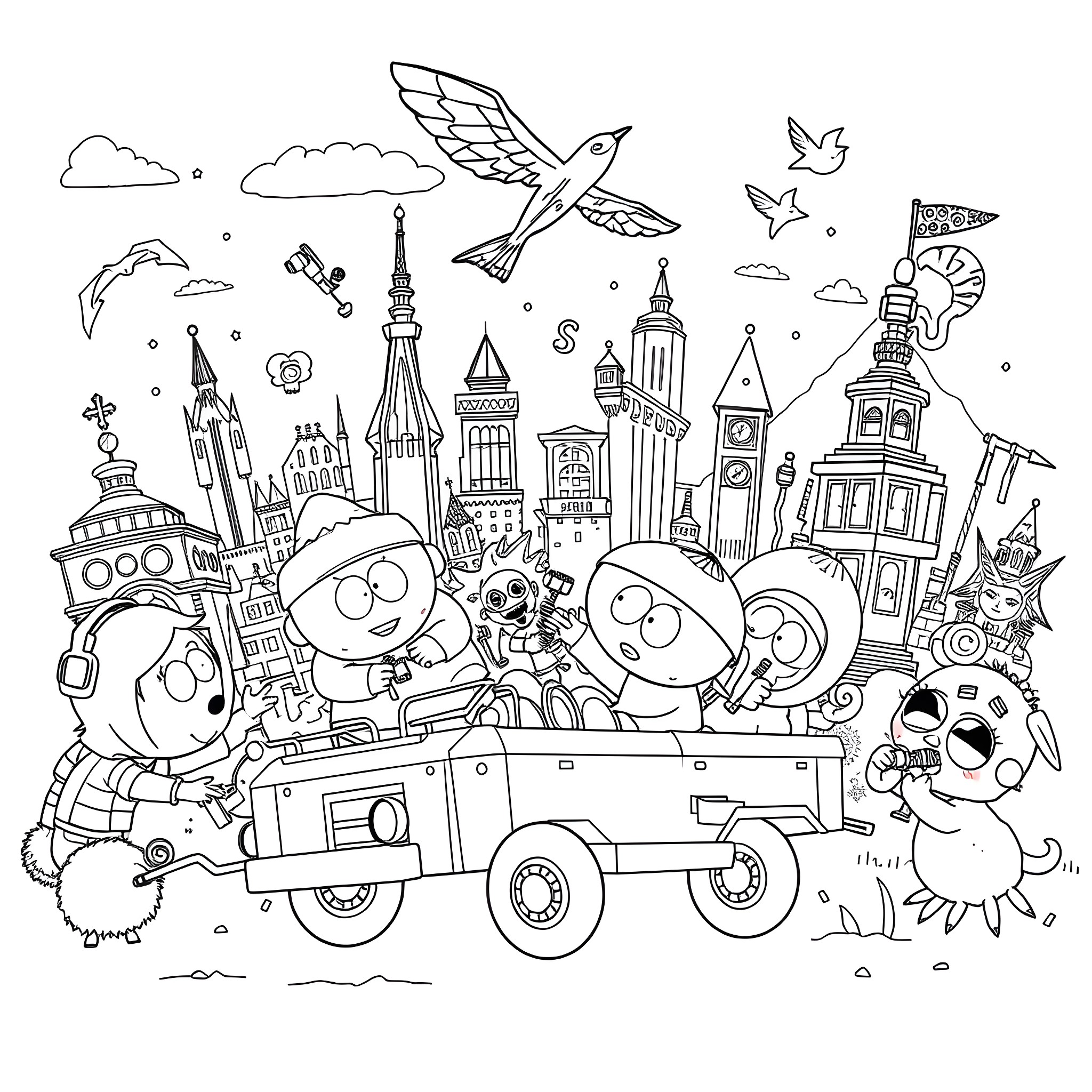 South Park gang's crazy adventure in the city Coloring Page (free black-and-white line drawing printable PDF for all, from beginners to advanced learners, including children, teens, adults, and seniors)