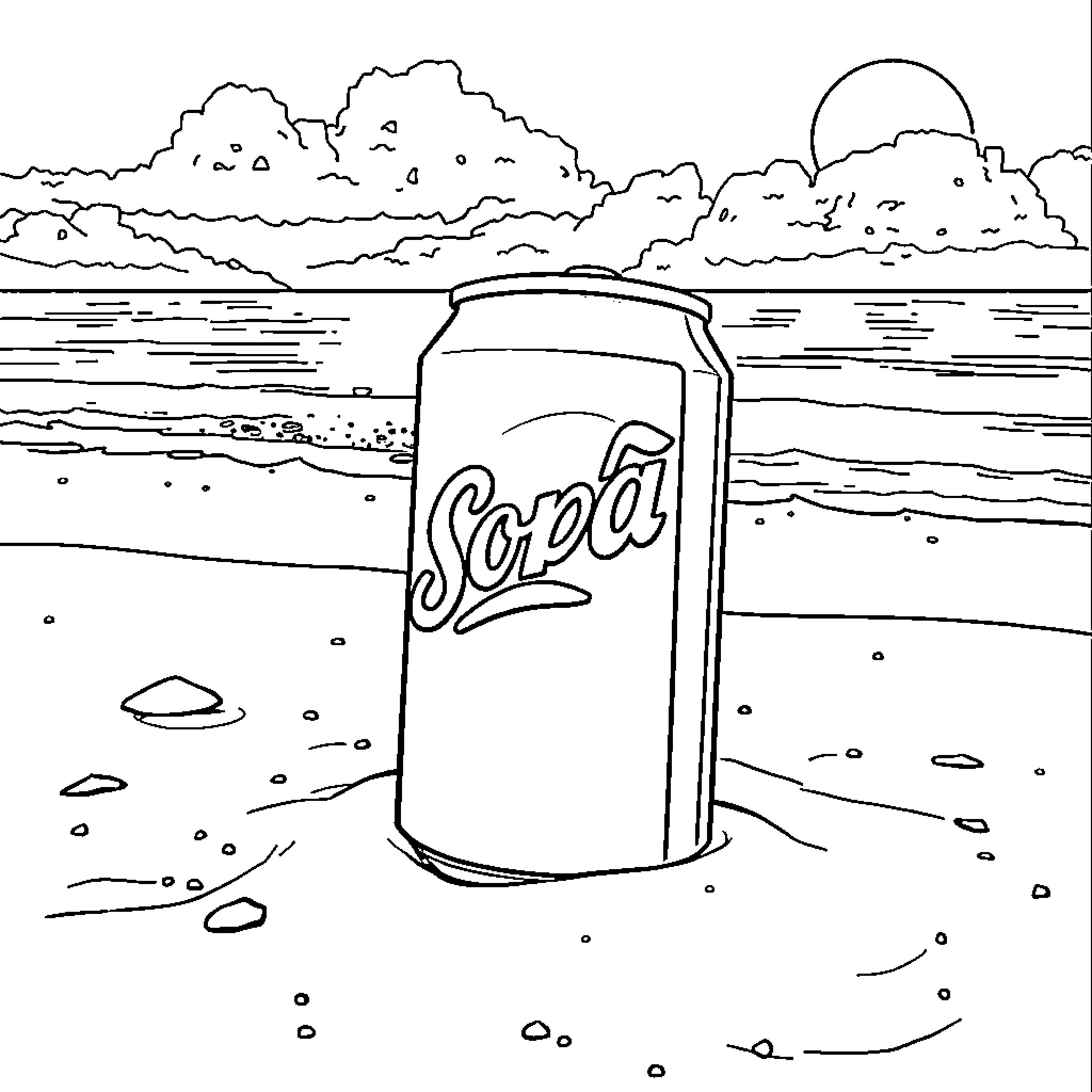 Soda can floating in serene lake Coloring Page (free black-and-white line drawing printable PDF for all, from beginners to advanced learners, including children, teens, adults, and seniors)