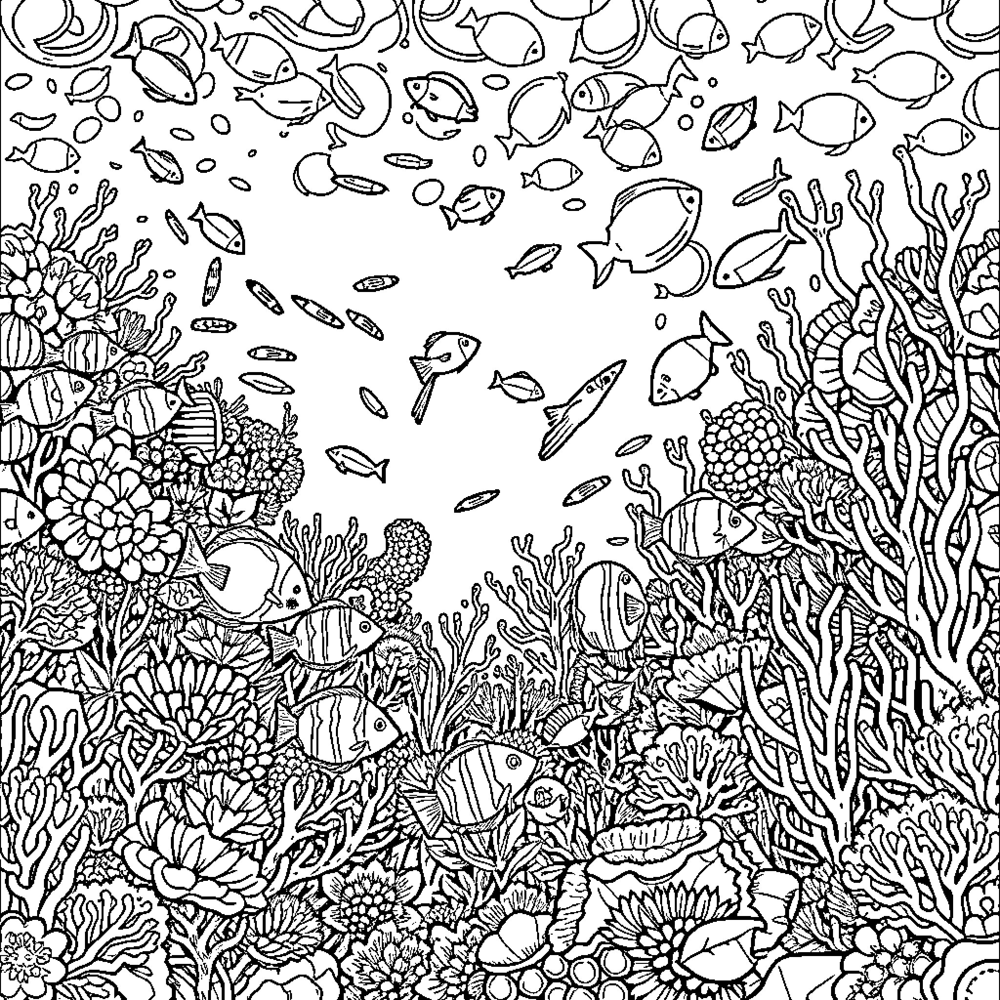 Coral Reef Underwater Adventure Coloring Page (free black-and-white line drawing printable PDF for all, from beginners to advanced learners, including children, teens, adults, and seniors)