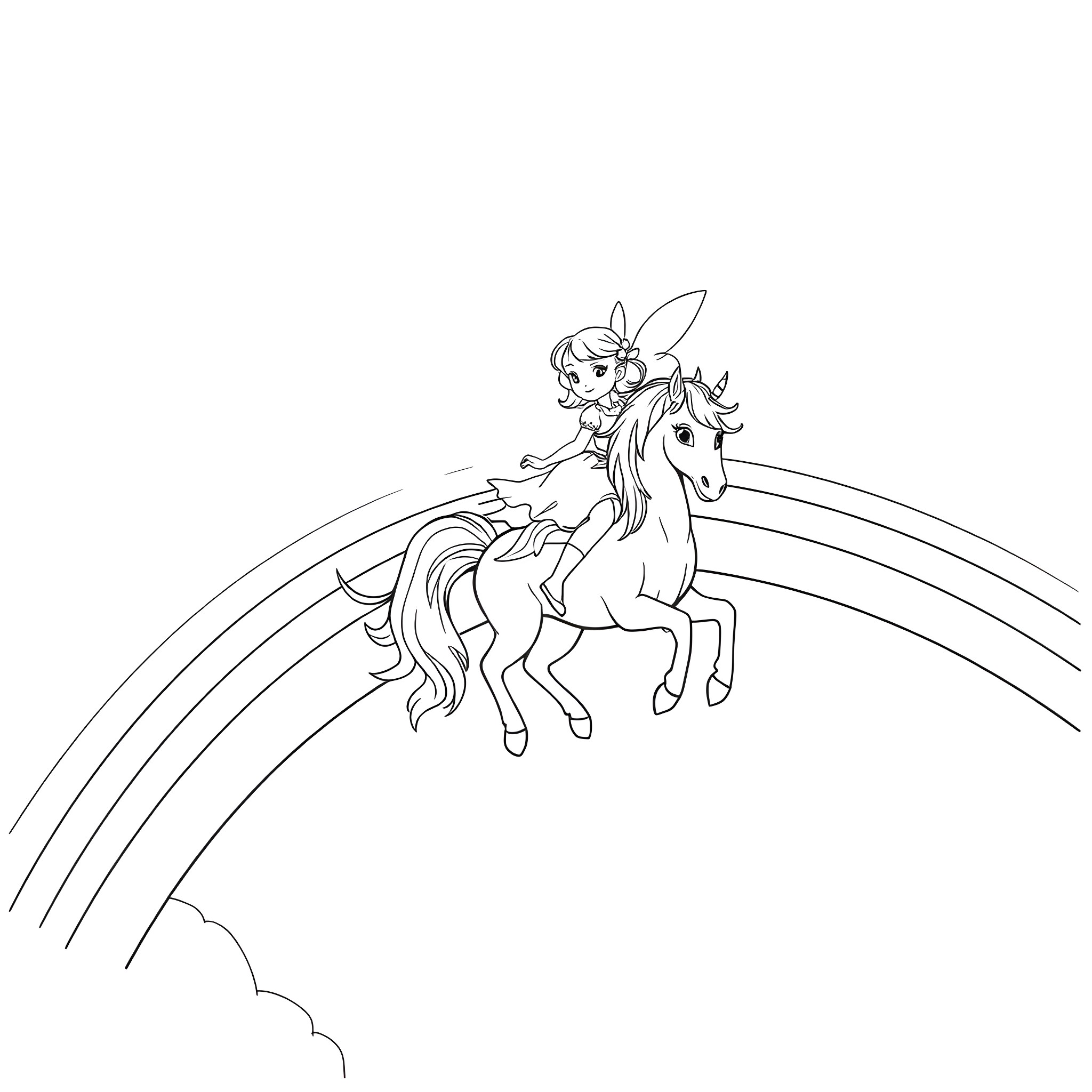 Thumbalina riding a unicorn in the sky Coloring Page (free black-and-white line drawing printable PDF for all, from beginners to advanced learners, including children, teens, adults, and seniors)