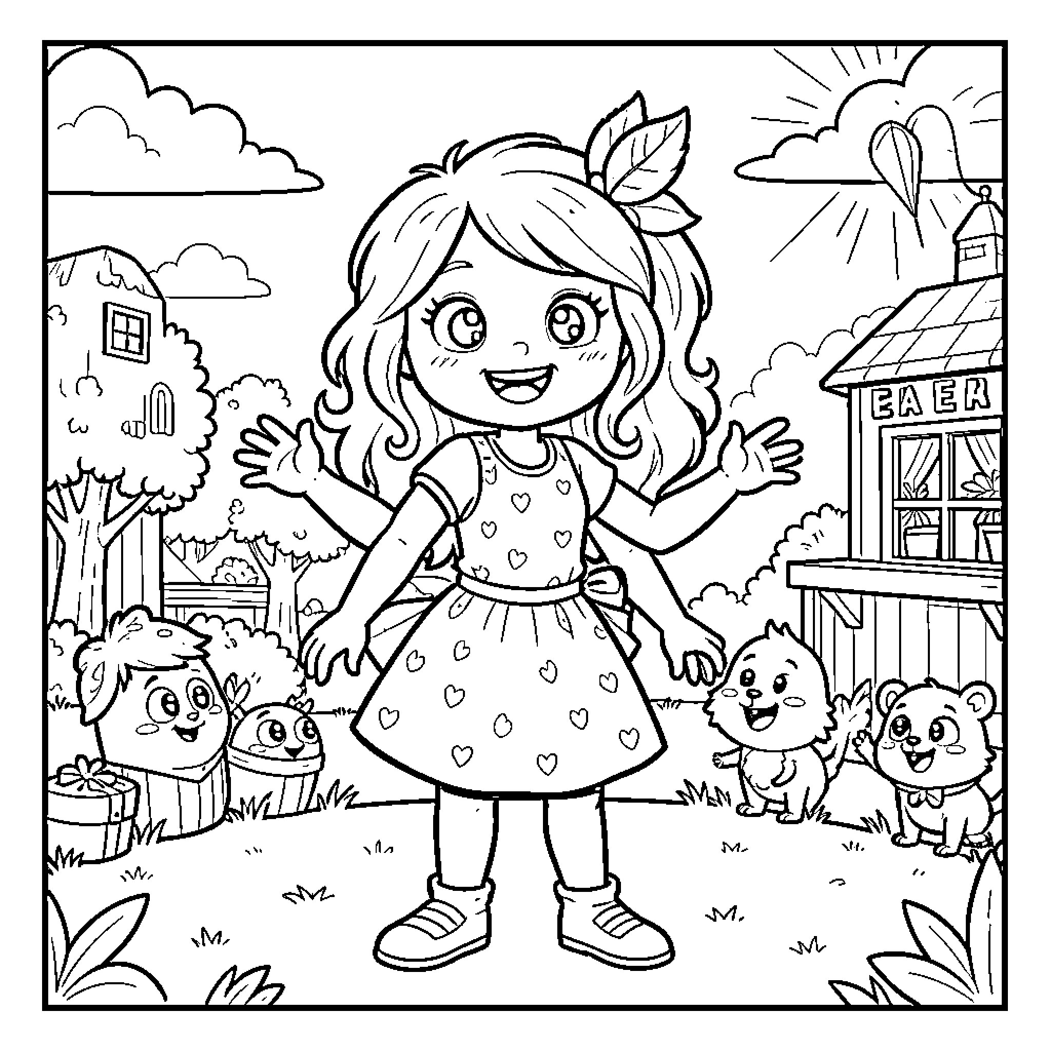 Erindrer en glad jente som smiler med små dyr Coloring Page (free black-and-white line drawing printable PDF for all, from beginners to advanced learners, including children, teens, adults, and seniors)