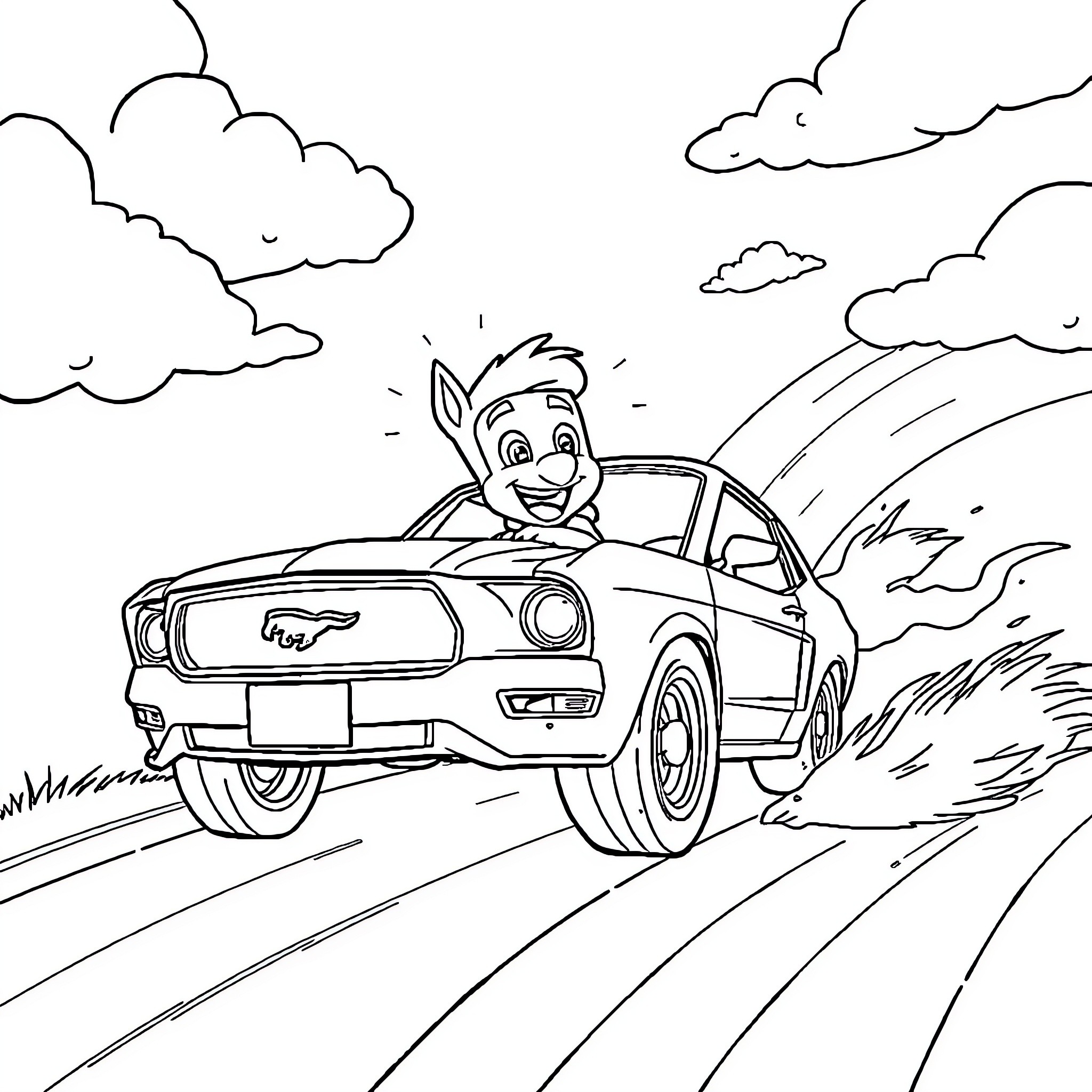 Chase the speeding car through the countryside Coloring Page (free black-and-white line drawing printable PDF for all, from beginners to advanced learners, including children, teens, adults, and seniors)