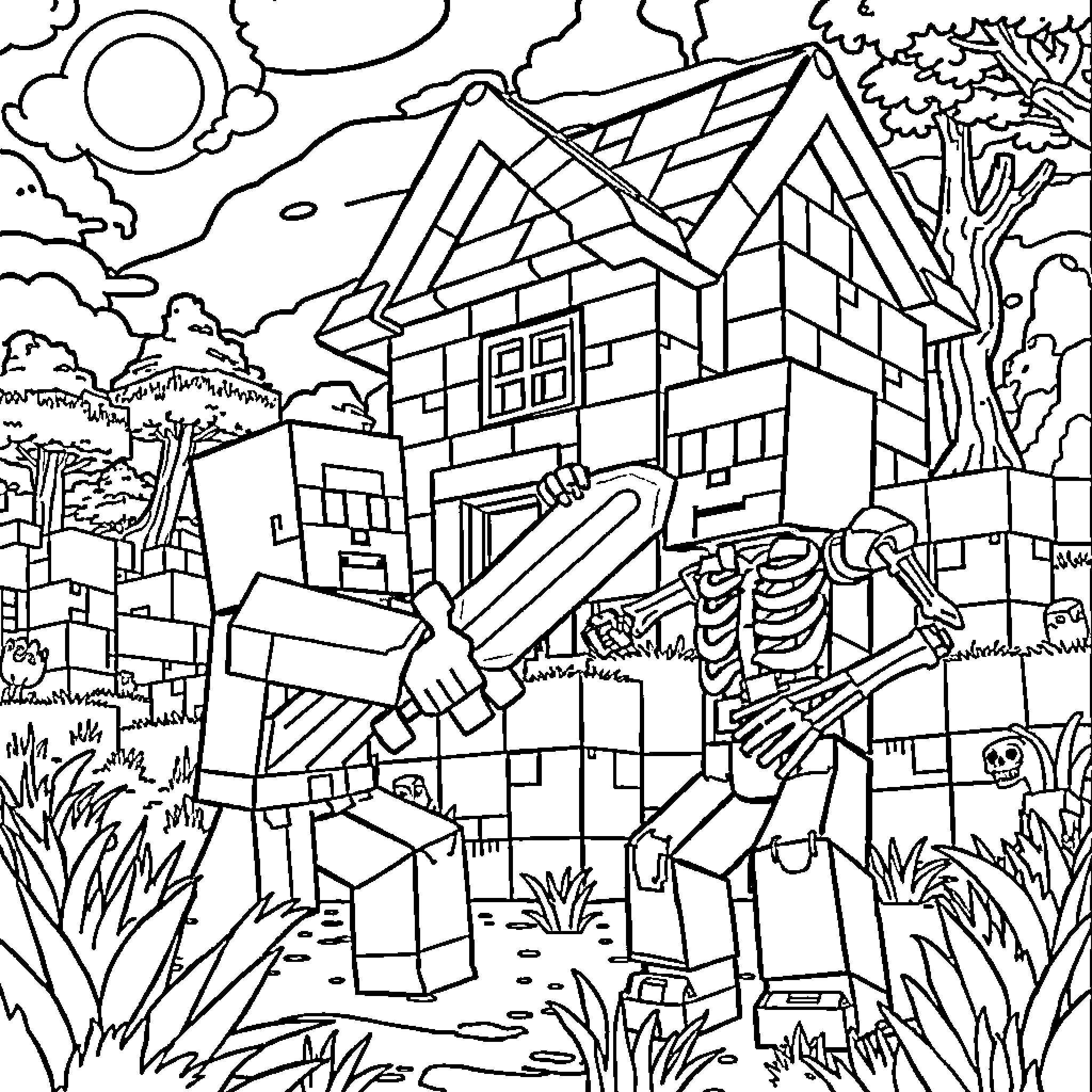 Minecraft Skeleton Attacks Villager in Countryside Coloring Page (free black-and-white line drawing printable PDF for all, from beginners to advanced learners, including children, teens, adults, and seniors)