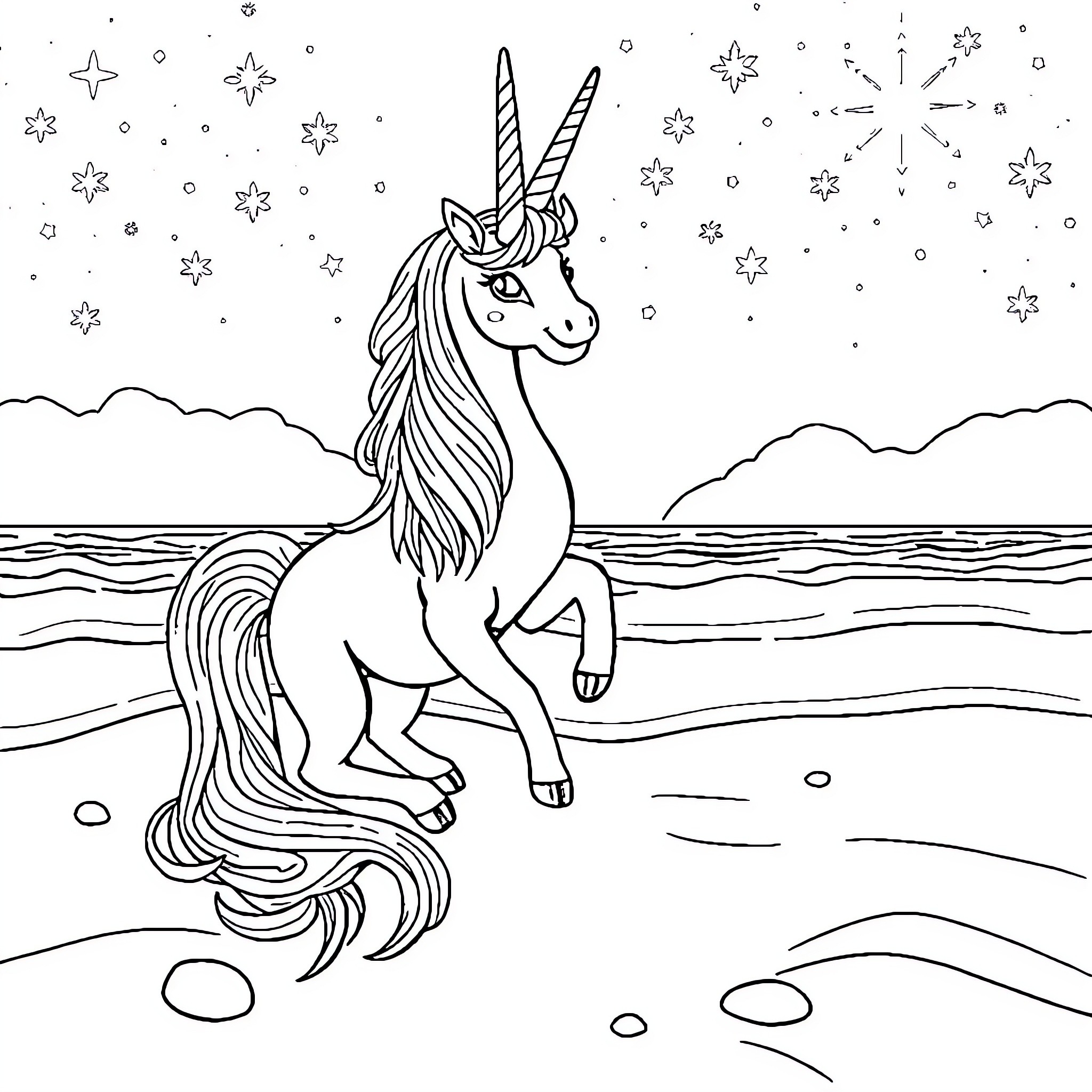 Unicorn standing on the beach under starry night sky Coloring Page (free black-and-white line drawing printable PDF for all, from beginners to advanced learners, including children, teens, adults, and seniors)