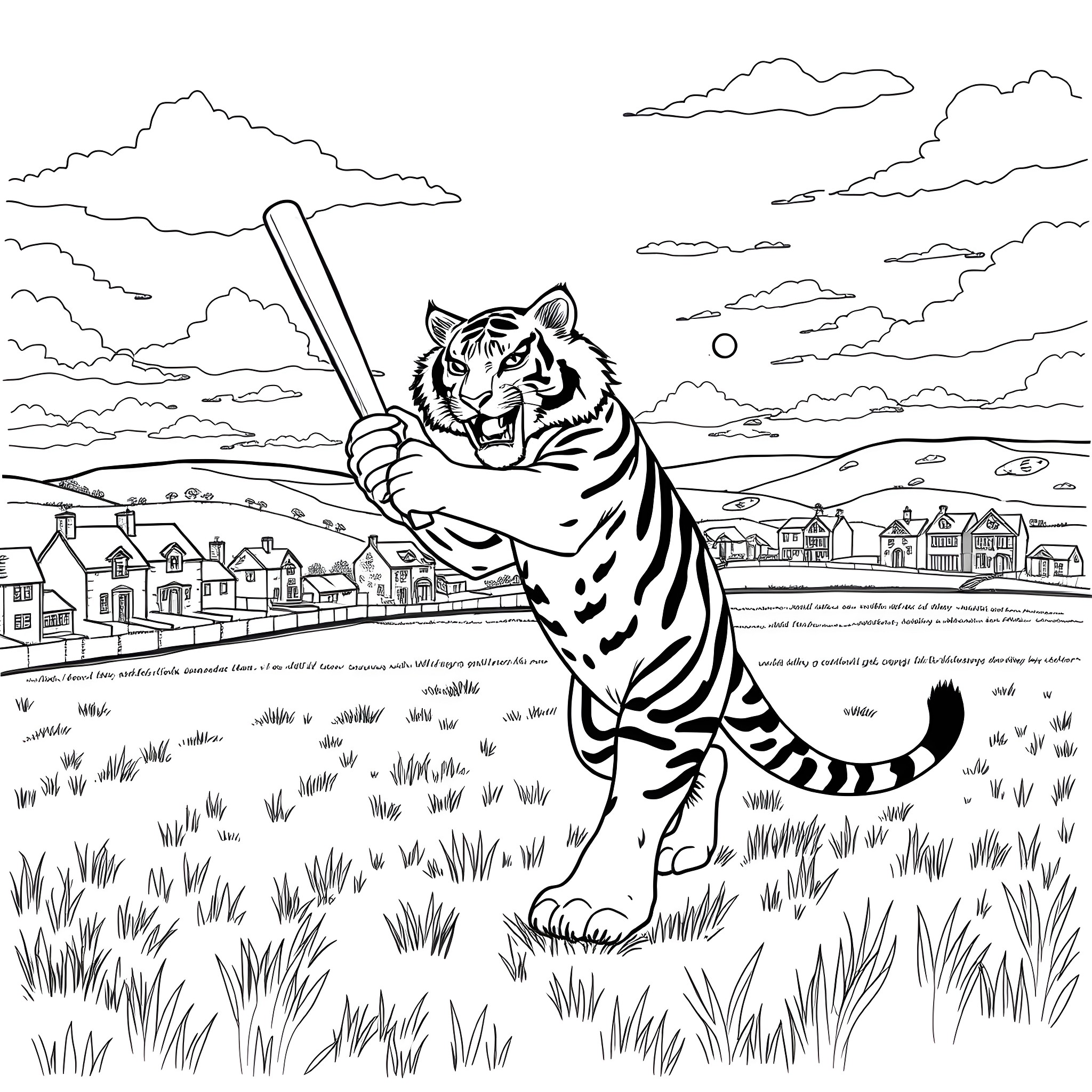 Tiger wielding a baseball bat in a rural landscape Coloring Page (free black-and-white line drawing printable PDF for all, from beginners to advanced learners, including children, teens, adults, and seniors)