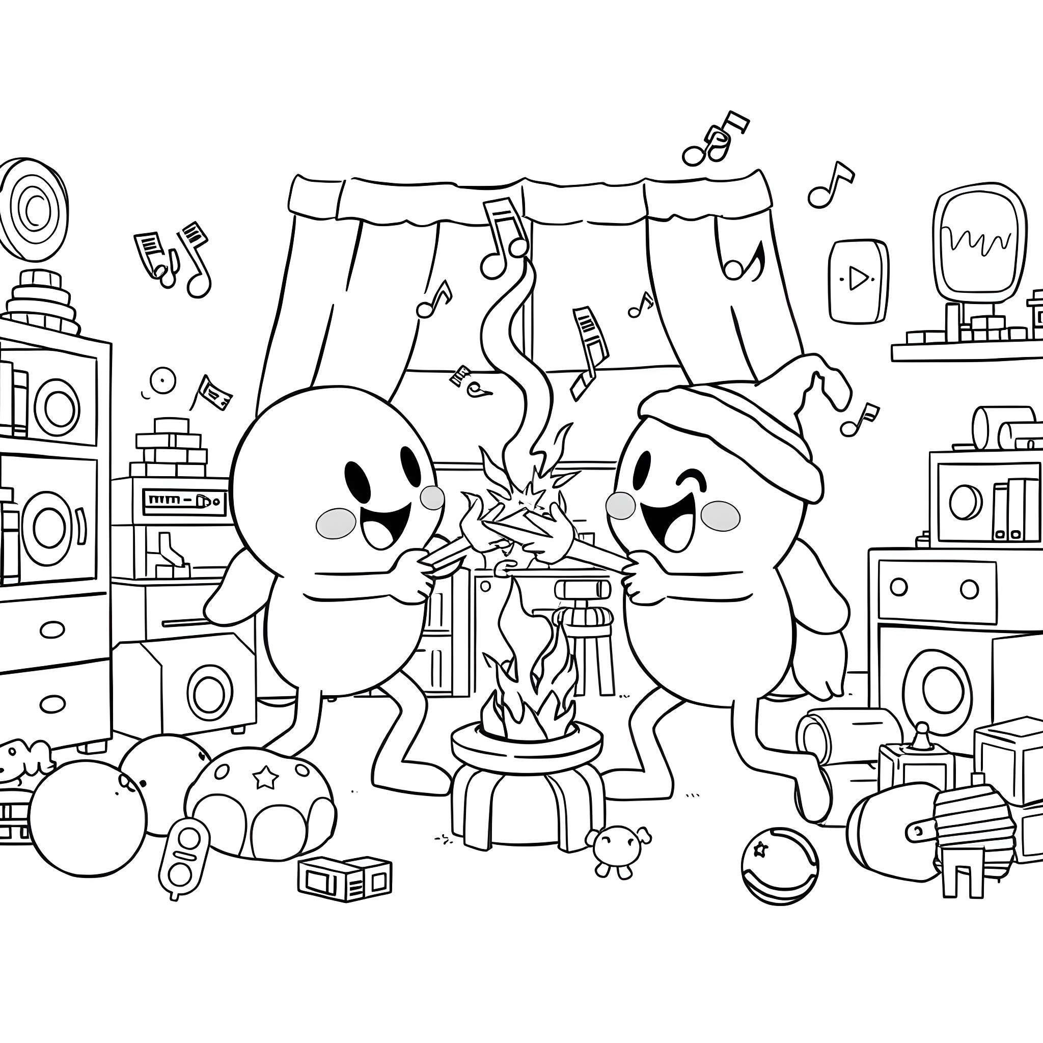 Cocomelon Characters Enjoying Music Party Coloring Page (free black-and-white line drawing printable PDF for all, from beginners to advanced learners, including children, teens, adults, and seniors)