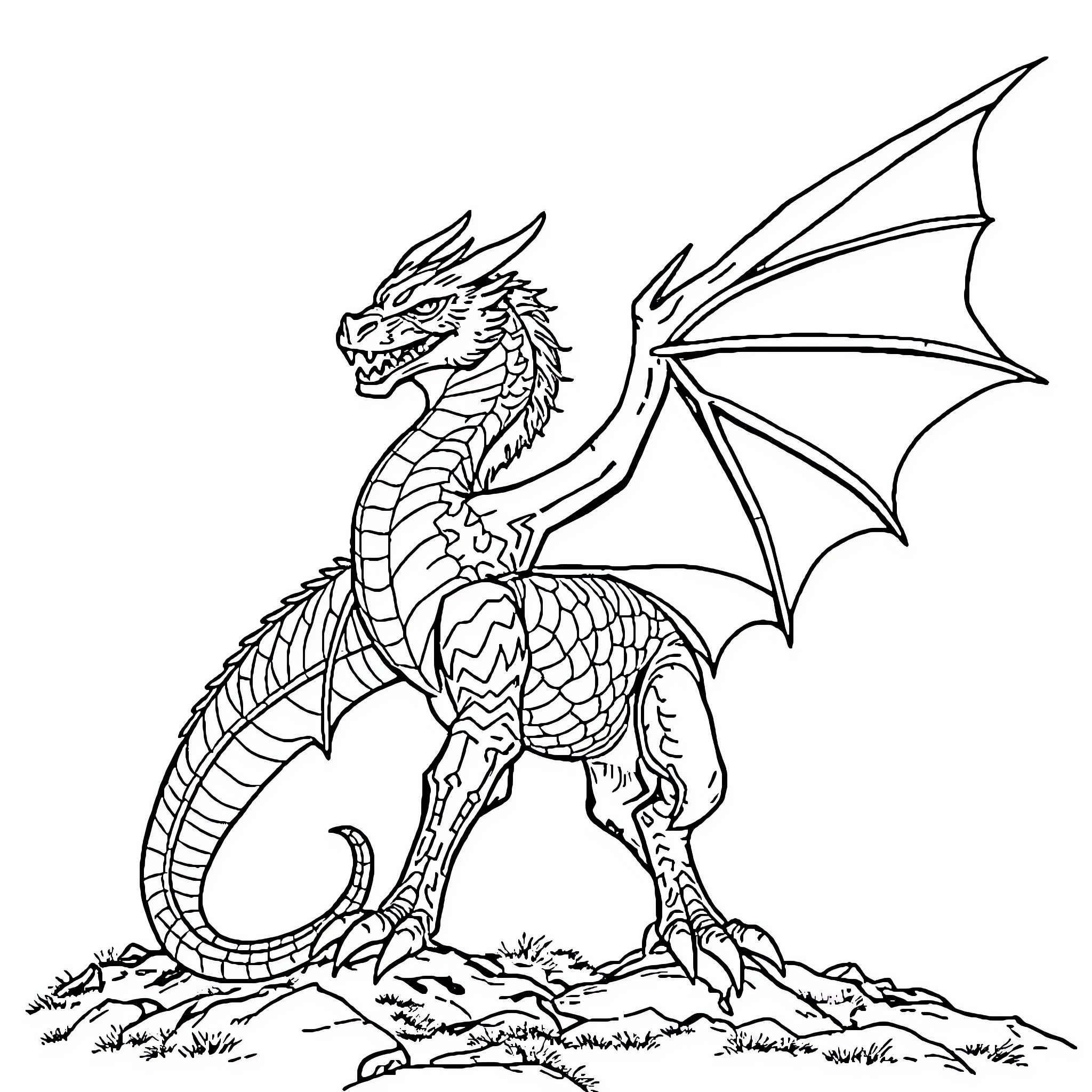 Dragon guarding the realm with outstretched wings Coloring Page (free black-and-white line drawing printable PDF for all, from beginners to advanced learners, including children, teens, adults, and seniors)