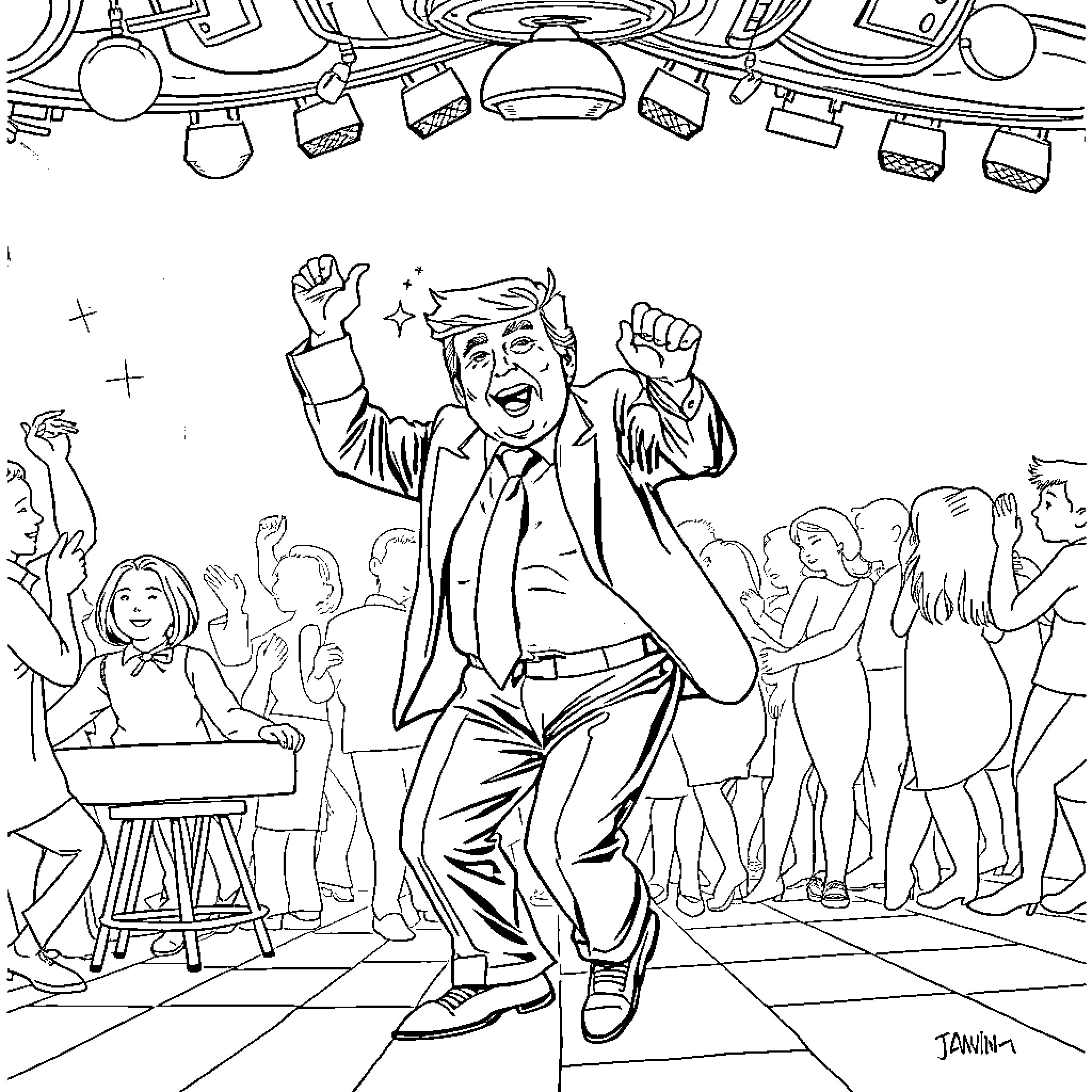 Donald Trump Energetically Celebrates at a Rally Coloring Page (free black-and-white line drawing printable PDF for all, from beginners to advanced learners, including children, teens, adults, and seniors)