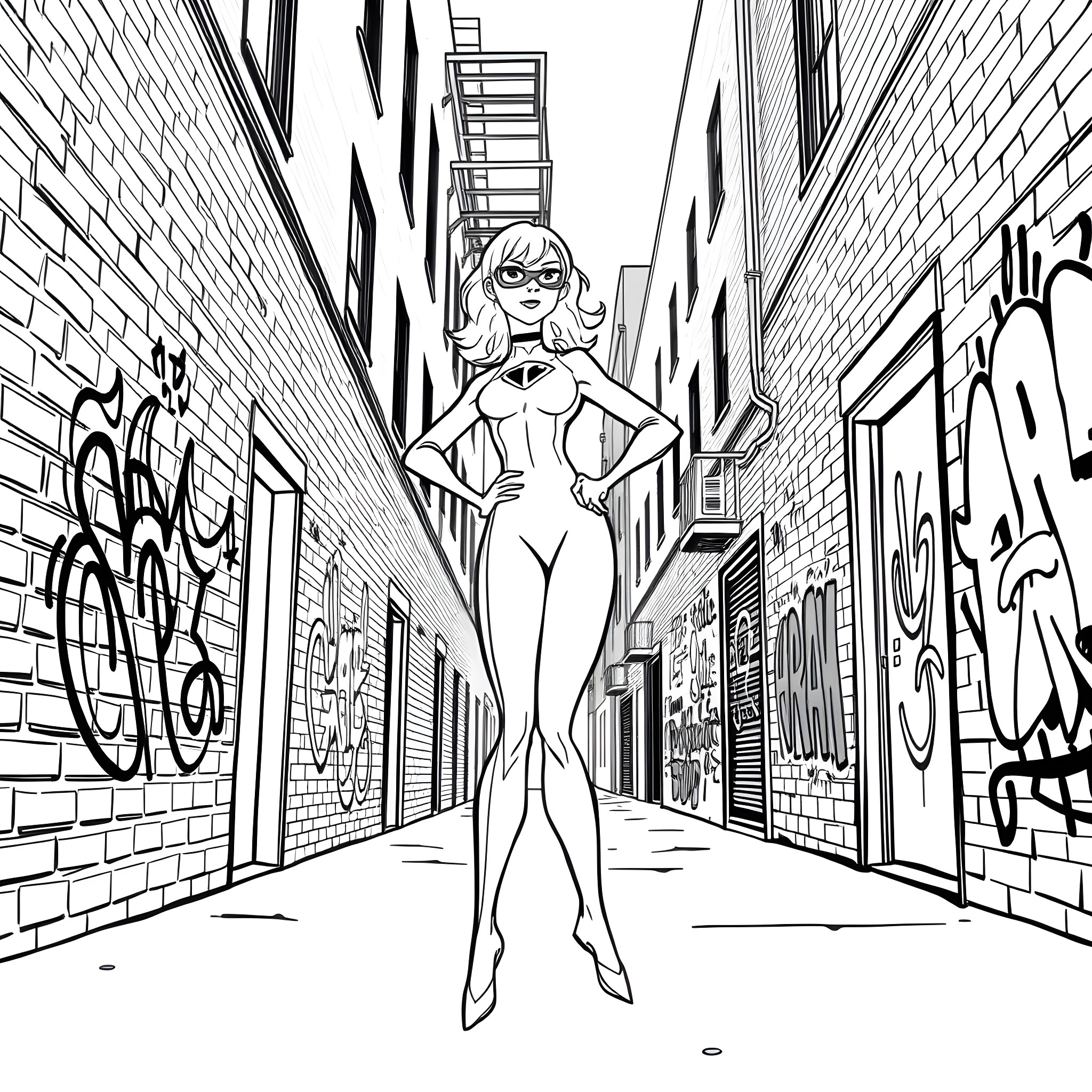 Elastigirl heroically poses in urban alley Coloring Page (free black-and-white line drawing printable PDF for all, from beginners to advanced learners, including children, teens, adults, and seniors)