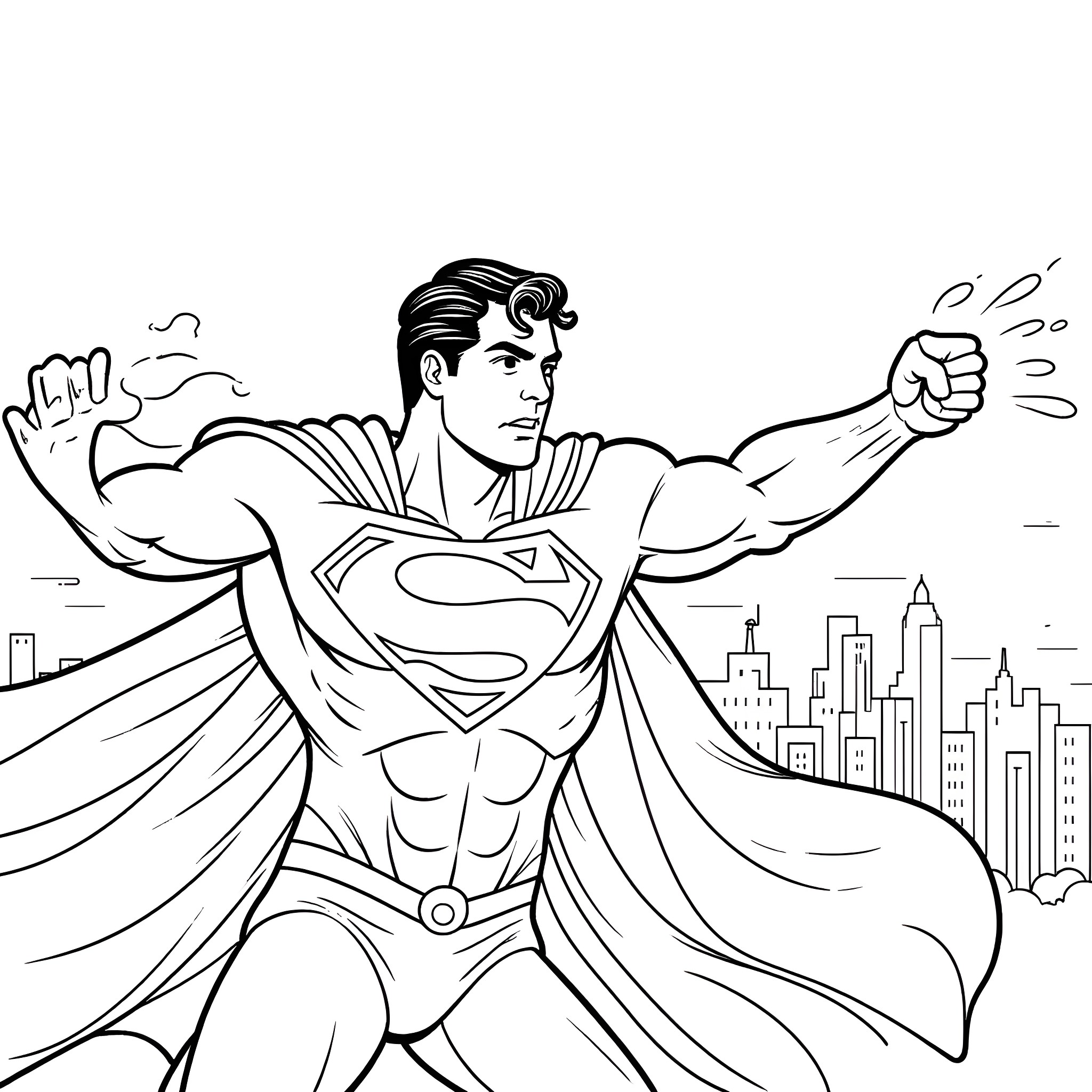 Superman in heroic action pose Coloring Page (free black-and-white line drawing printable PDF for all, from beginners to advanced learners, including children, teens, adults, and seniors)