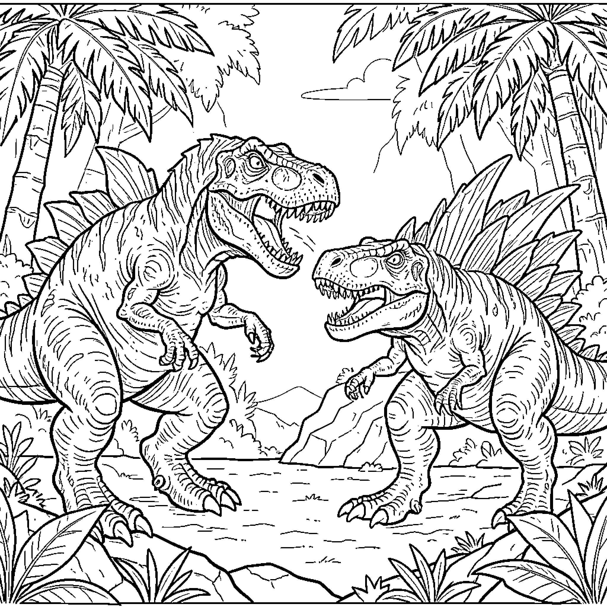 Distortus Rex: Prehistoric Titans Clash in Primordial Jungle Coloring Page (free black-and-white line drawing printable PDF for all, from beginners to advanced learners, including children, teens, adults, and seniors)