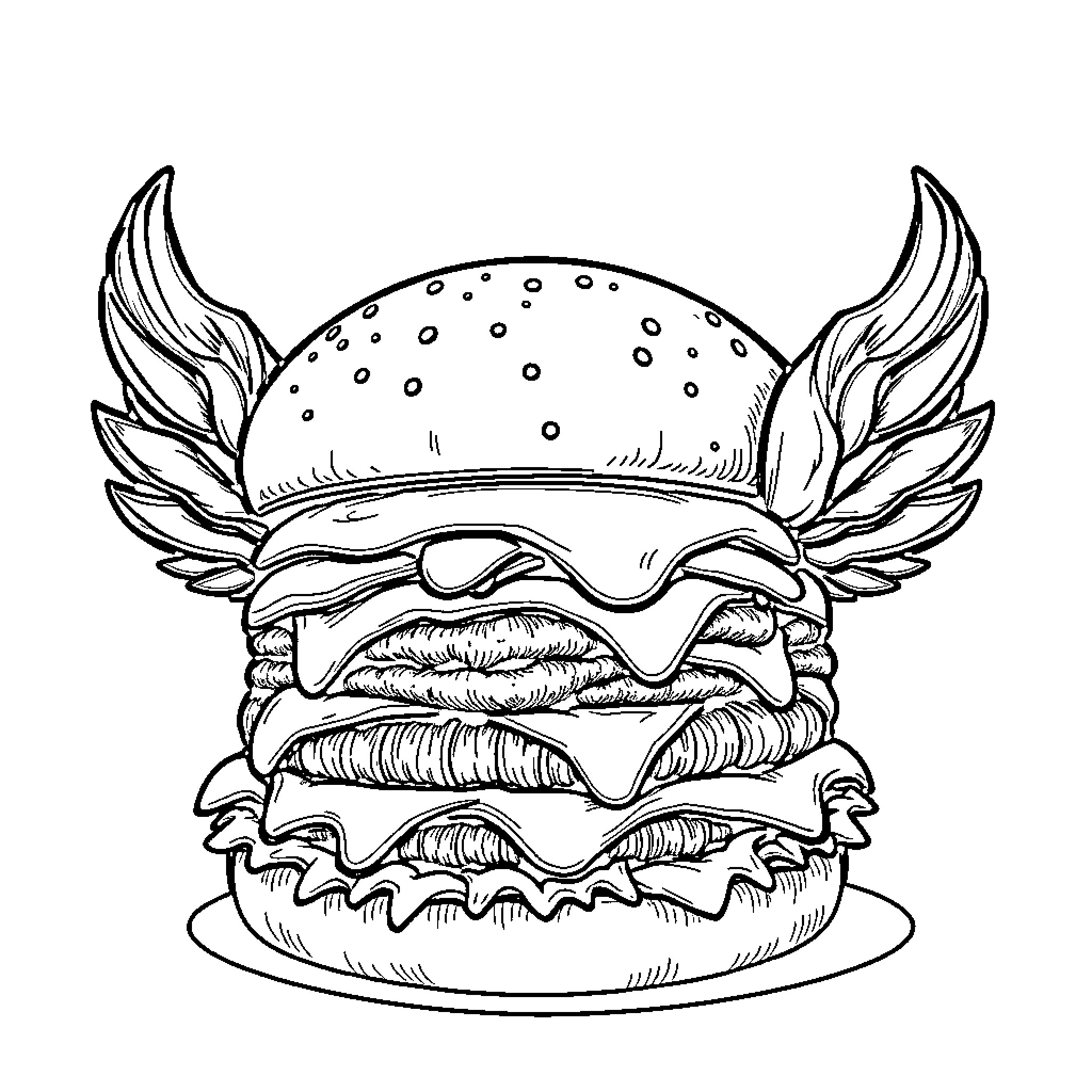 Hamburger with winged crown and buns Coloring Page (free black-and-white line drawing printable PDF for all, from beginners to advanced learners, including children, teens, adults, and seniors)