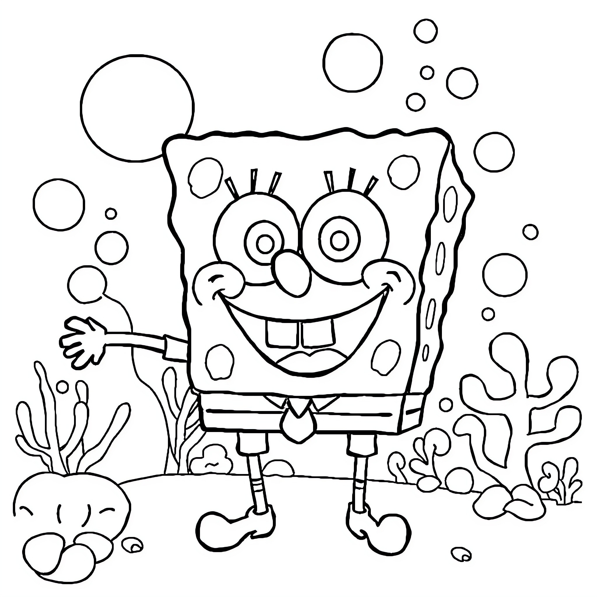 Spongebob having fun underwater with bubbles Coloring Page (free black-and-white line drawing printable PDF for all, from beginners to advanced learners, including children, teens, adults, and seniors)