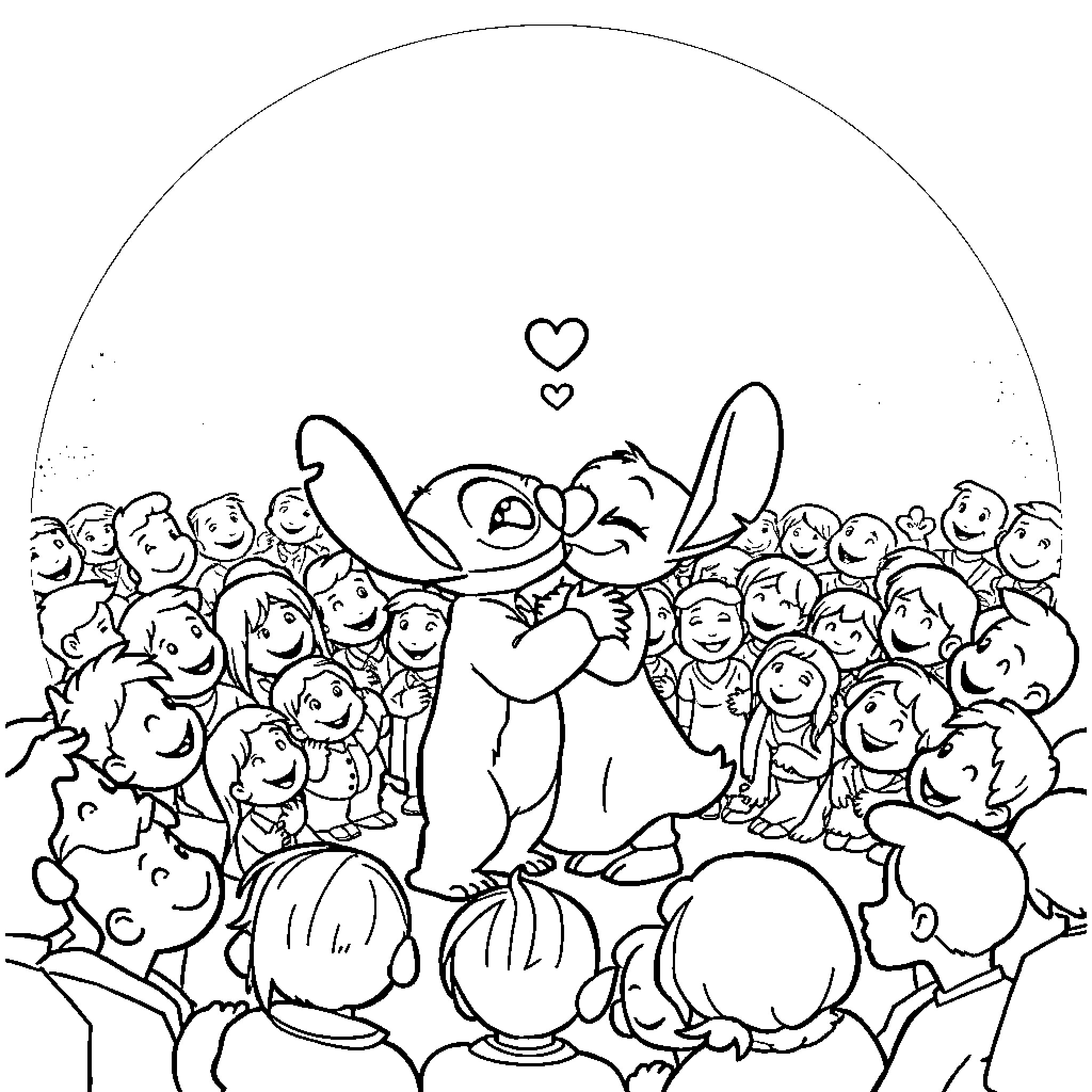Stitch surrounded by a crowd of smiling characters Coloring Page (free black-and-white line drawing printable PDF for all, from beginners to advanced learners, including children, teens, adults, and seniors)