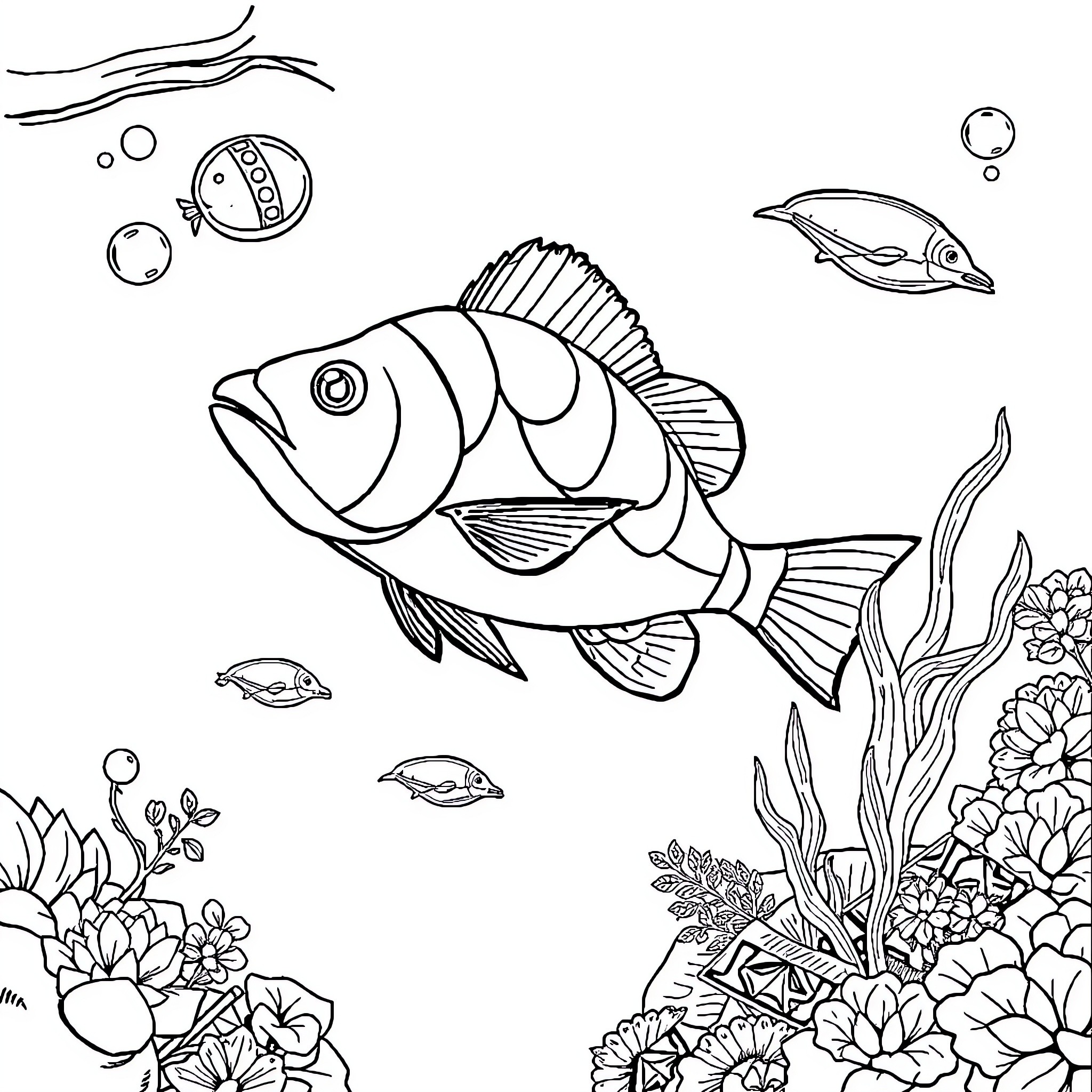 Sea Animal swimming among colorful plants and bubbles Coloring Page (free black-and-white line drawing printable PDF for all, from beginners to advanced learners, including children, teens, adults, and seniors)