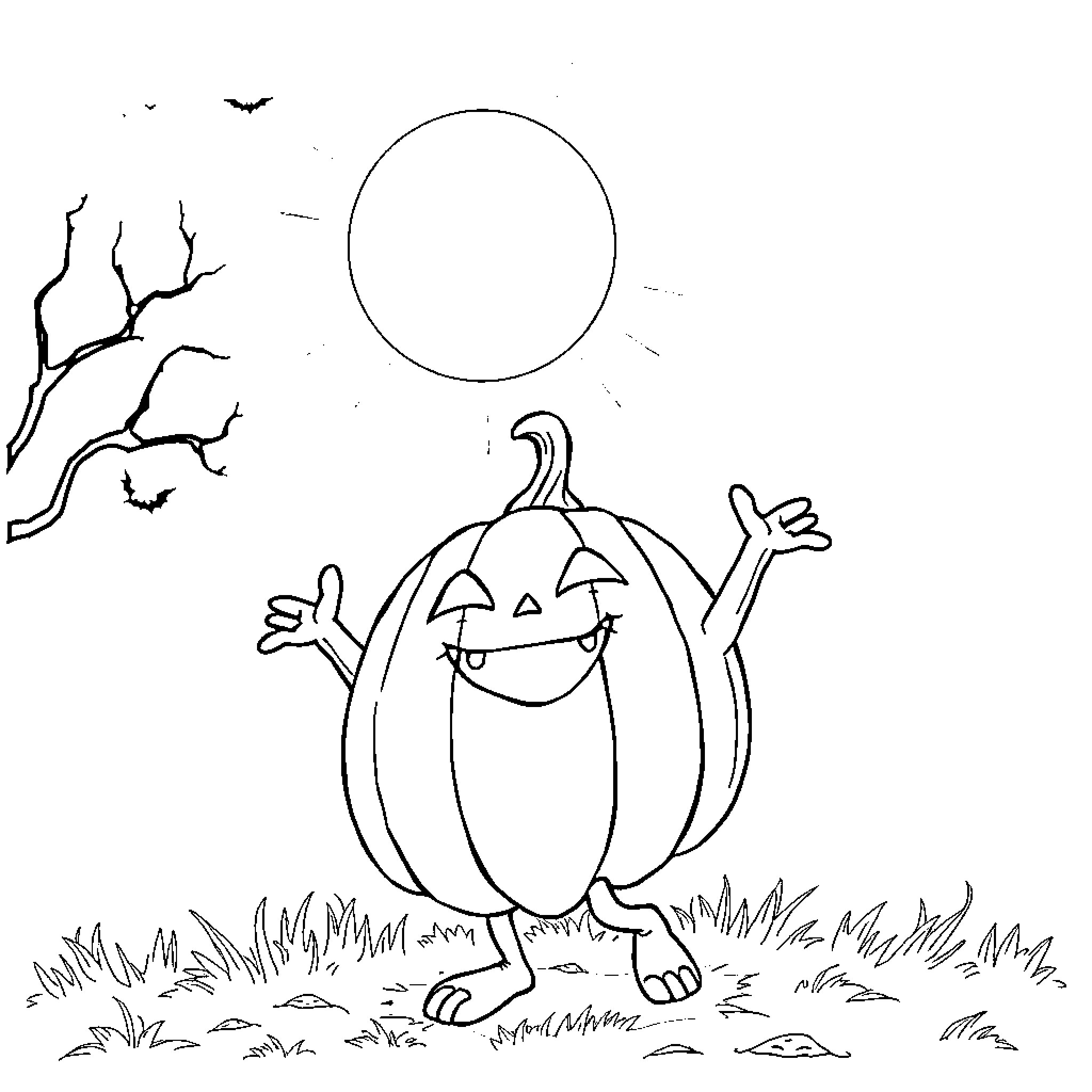 Pumpkin character dancing in field under moonlight Coloring Page (free black-and-white line drawing printable PDF for all, from beginners to advanced learners, including children, teens, adults, and seniors)