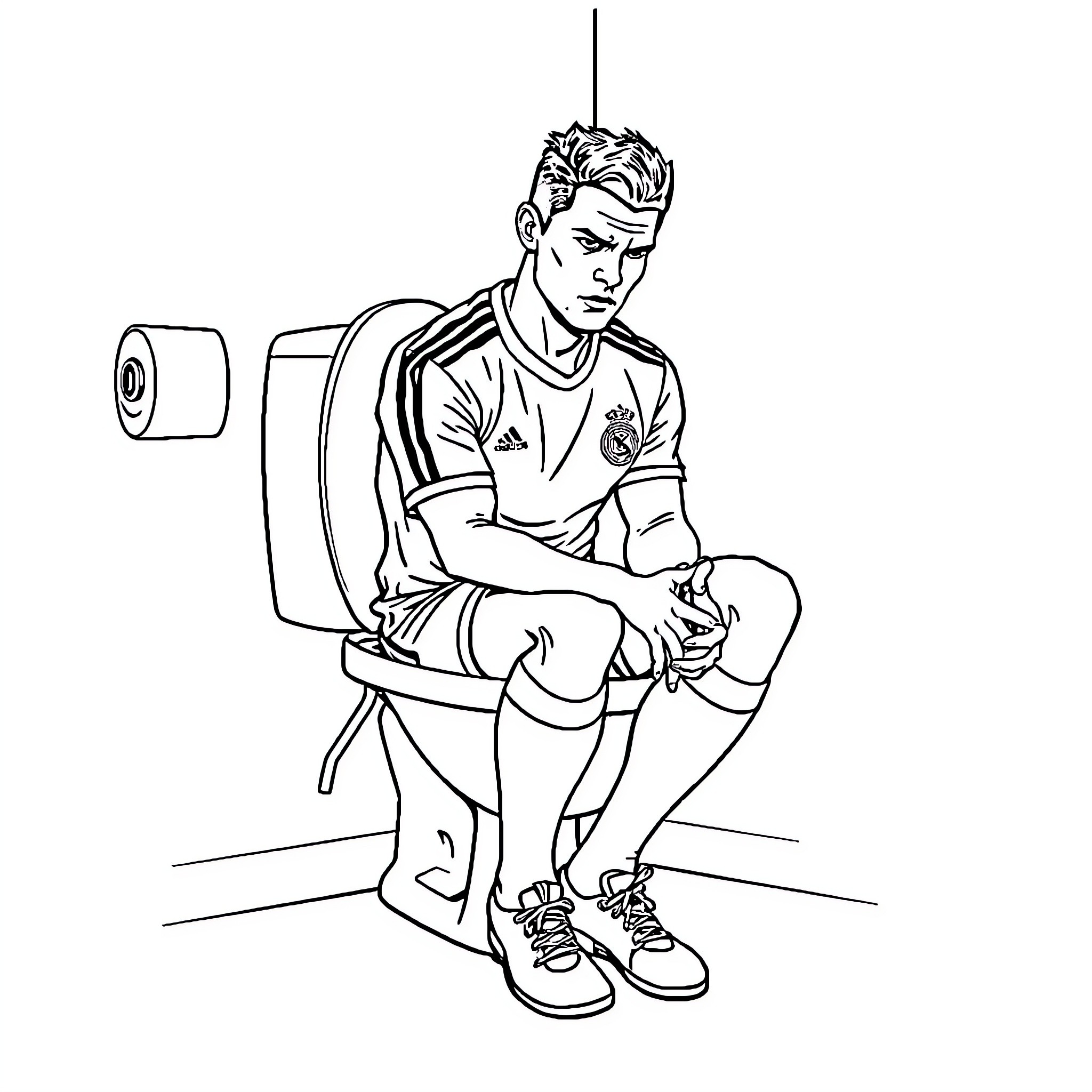 Ronaldo relaxing on a toilet in uniform Coloring Page (free black-and-white line drawing printable PDF for all, from beginners to advanced learners, including children, teens, adults, and seniors)
