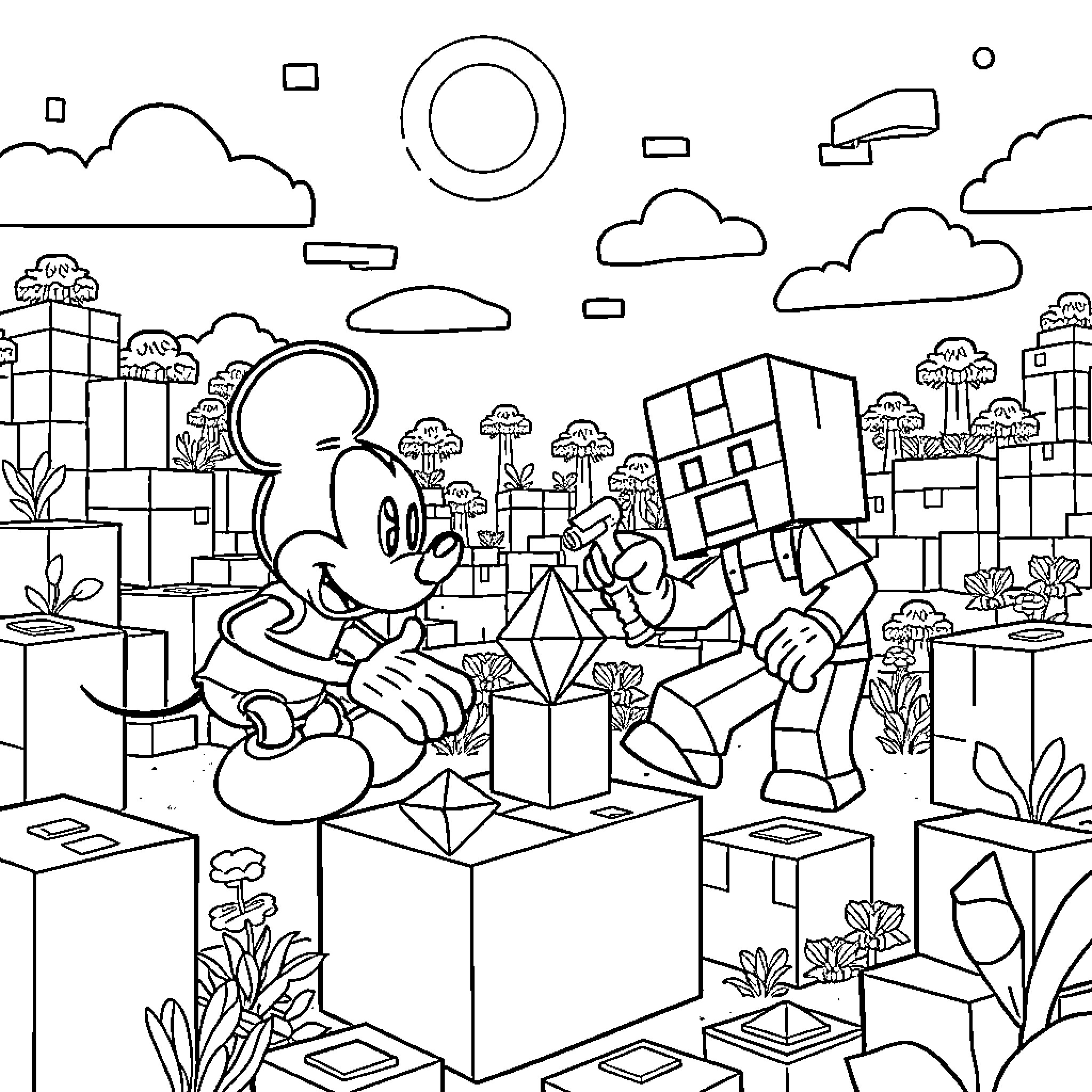 Mickey Building a Fantastical Cityscape Coloring Page (free black-and-white line drawing printable PDF for all, from beginners to advanced learners, including children, teens, adults, and seniors)