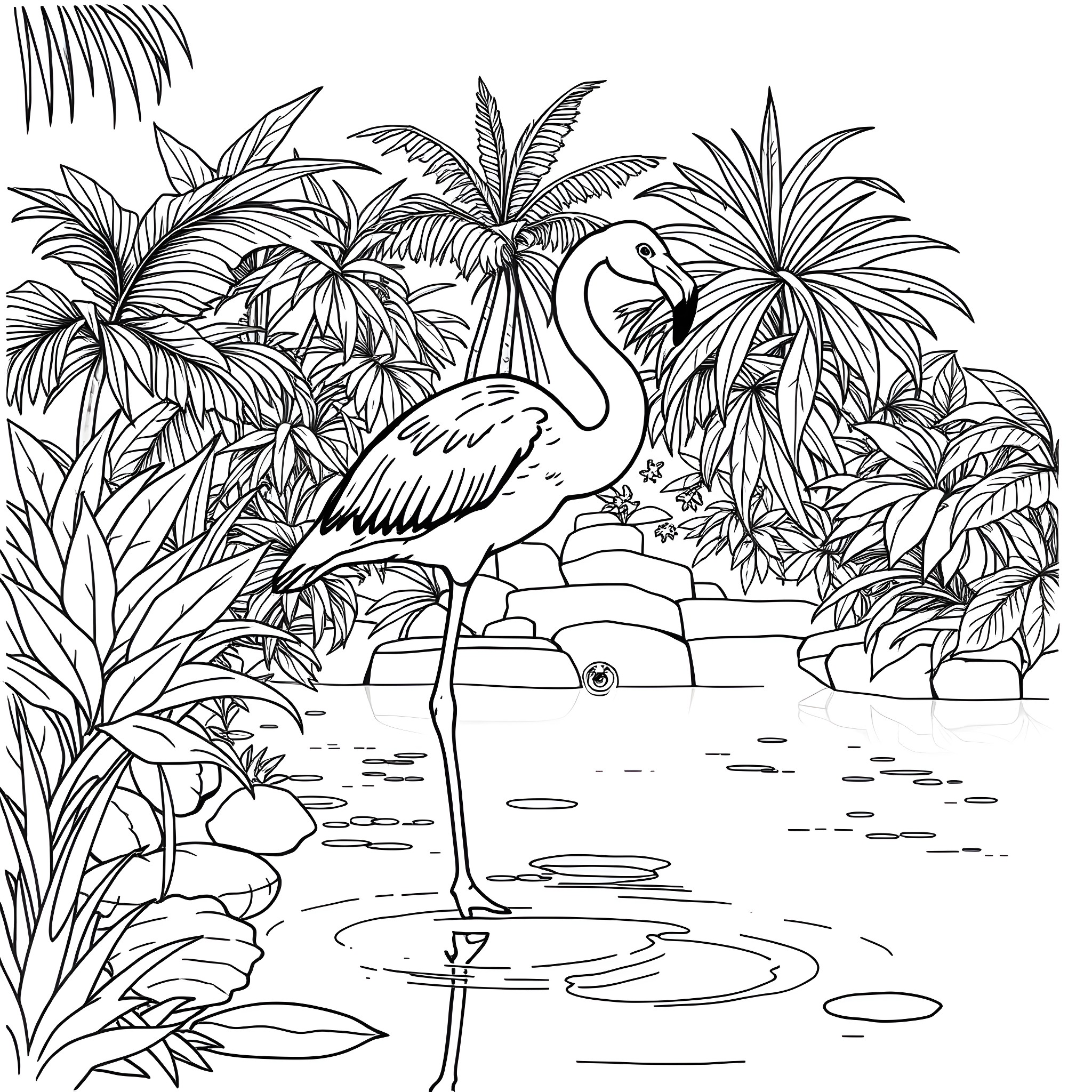 Flamingo standing amidst lush tropical foliage Coloring Page (free black-and-white line drawing printable PDF for all, from beginners to advanced learners, including children, teens, adults, and seniors)