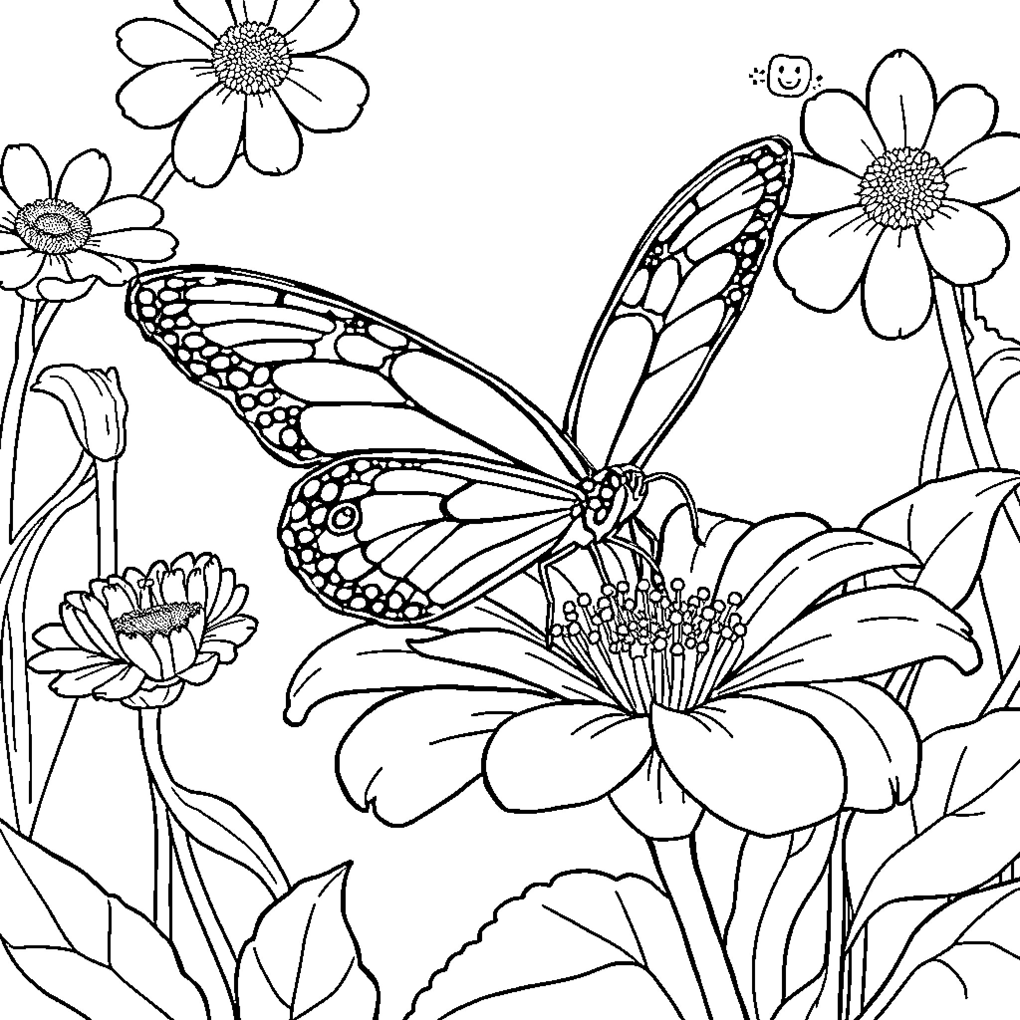 Butterfly resting on vibrant floral scene Coloring Page (free black-and-white line drawing printable PDF for all, from beginners to advanced learners, including children, teens, adults, and seniors)