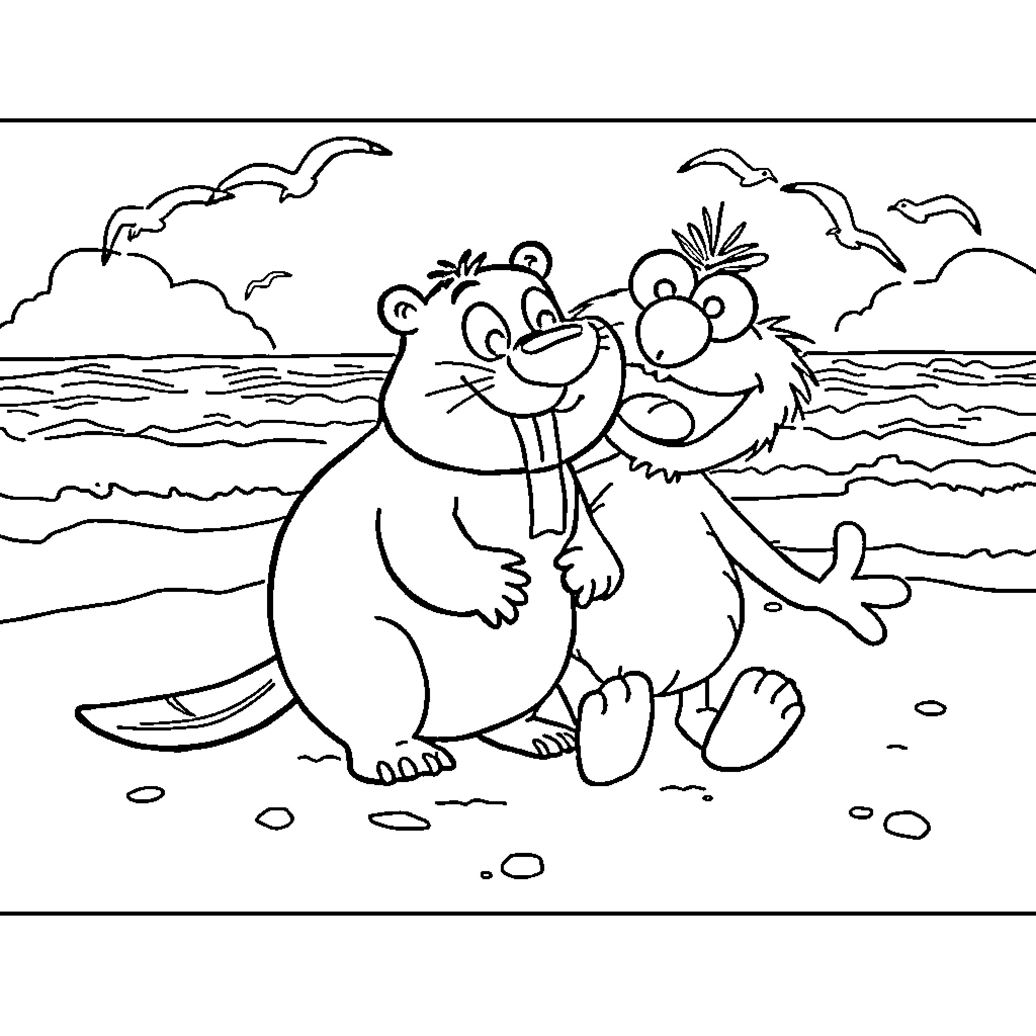 Buc-ee's Playful Beavers Frolicking by the Beach Coloring Page (free black-and-white line drawing printable PDF for all, from beginners to advanced learners, including children, teens, adults, and seniors)