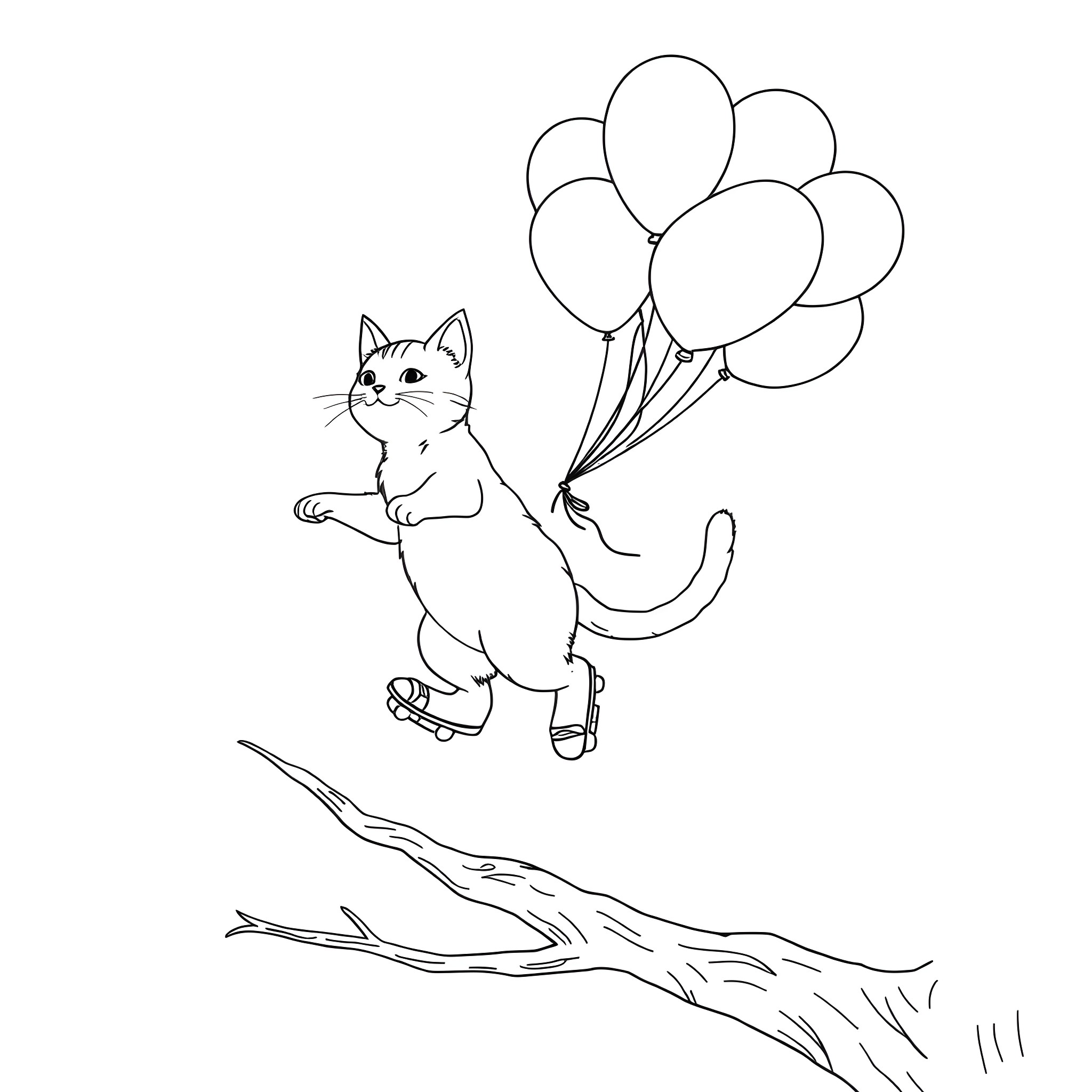 Cat floating with balloons in the sky Coloring Page (free black-and-white line drawing printable PDF for all, from beginners to advanced learners, including children, teens, adults, and seniors)