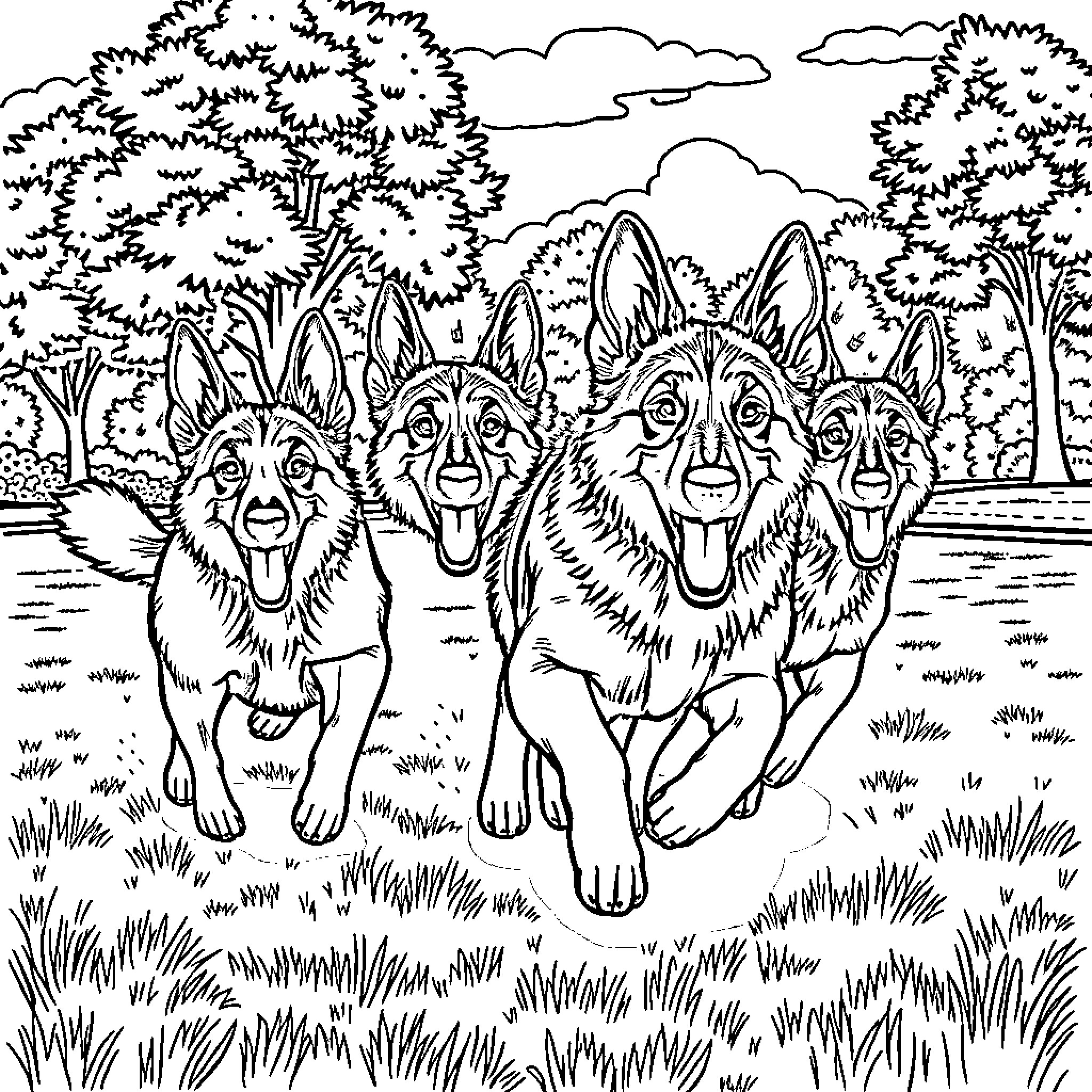 German Shepherd dogs playing happily in the park Coloring Page (free black-and-white line drawing printable PDF for all, from beginners to advanced learners, including children, teens, adults, and seniors)