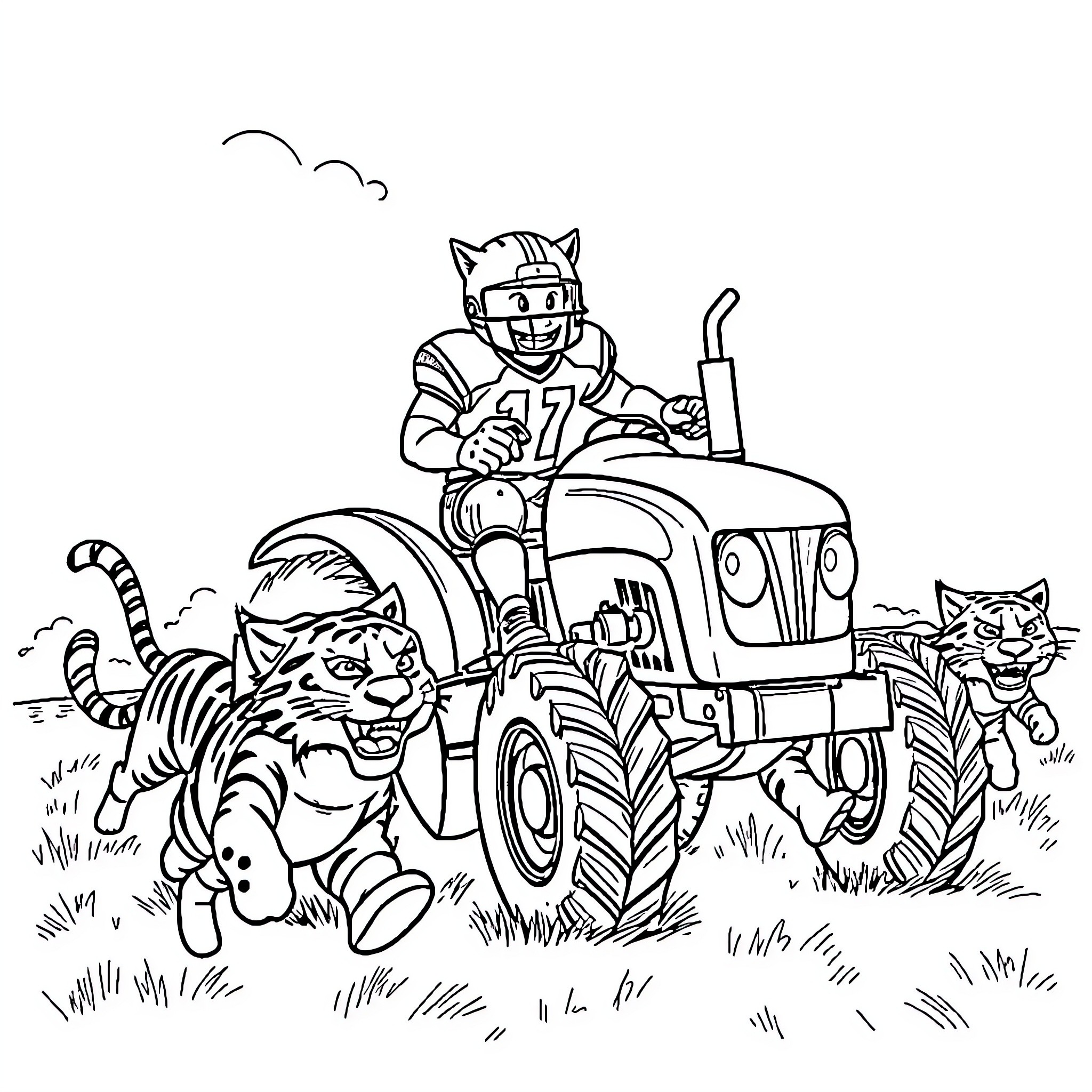 Bobcat driving tractor with playful feline friends Coloring Page (free black-and-white line drawing printable PDF for all, from beginners to advanced learners, including children, teens, adults, and seniors)