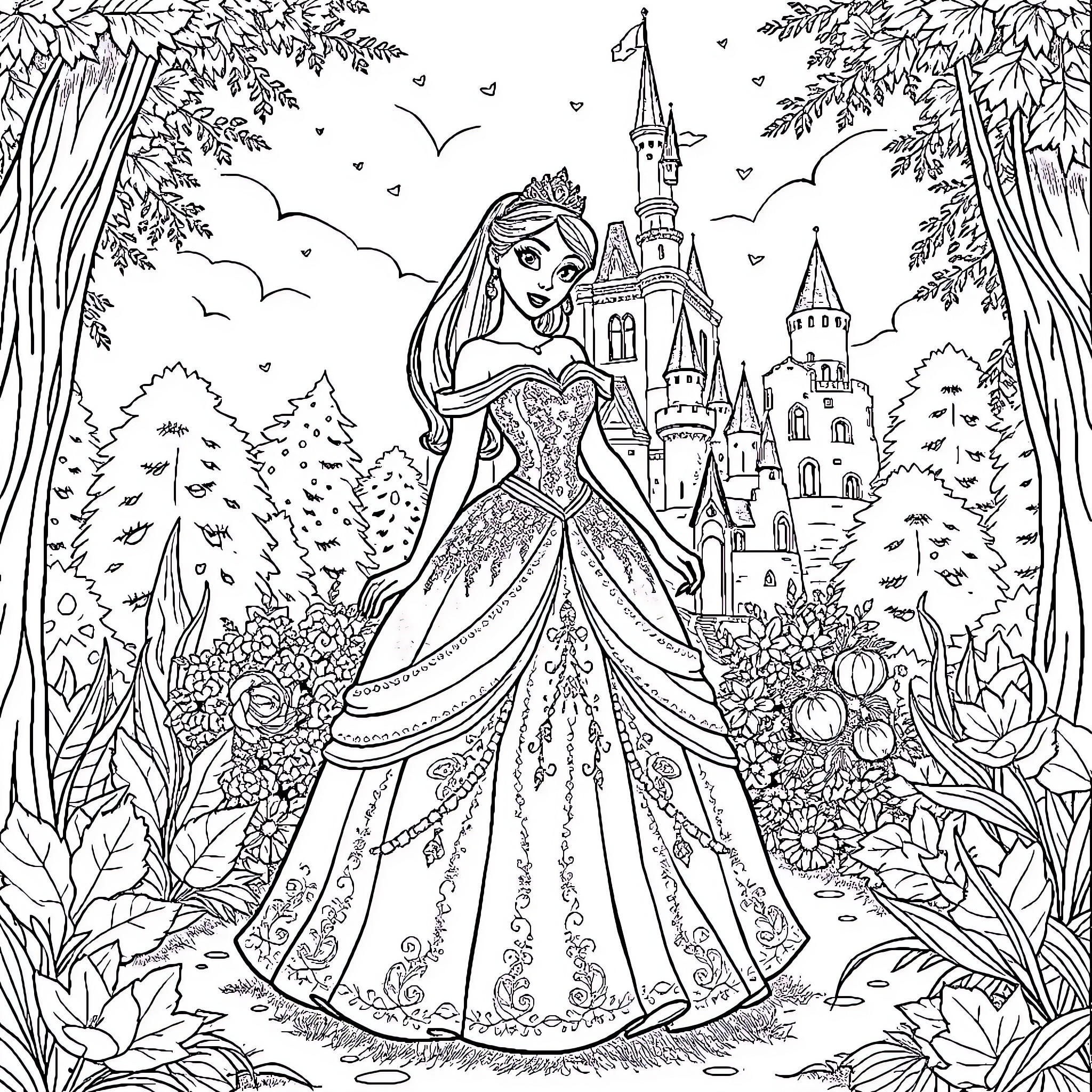 Disney Princess in Enchanted Castle Garden Coloring Page (free black-and-white line drawing printable PDF for all, from beginners to advanced learners, including children, teens, adults, and seniors)