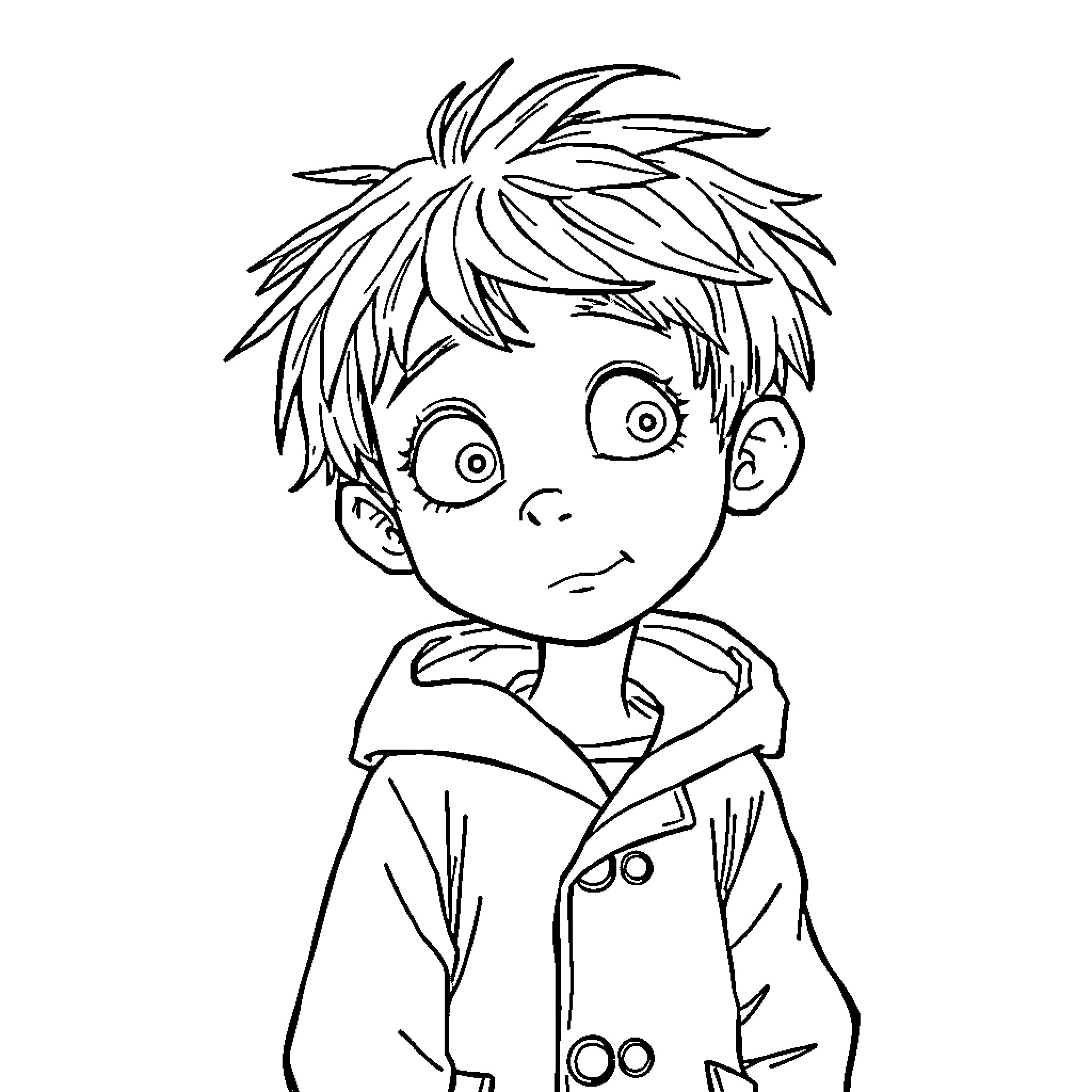 Wybie's Surprised Expressions in Coat Coloring Page (free black-and-white line drawing printable PDF for all, from beginners to advanced learners, including children, teens, adults, and seniors)