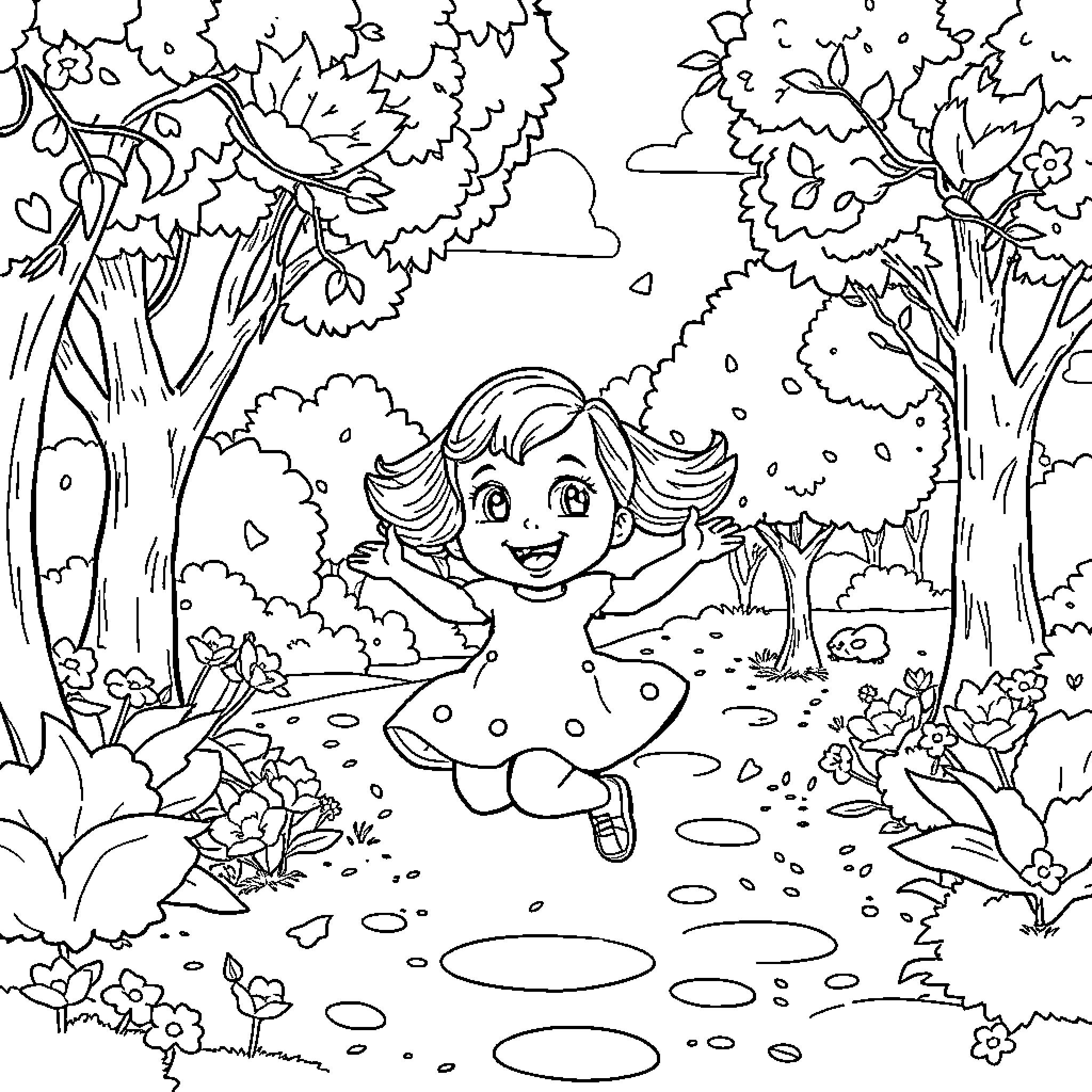 Gabby explores the enchanted forest Coloring Page (free black-and-white line drawing printable PDF for all, from beginners to advanced learners, including children, teens, adults, and seniors)