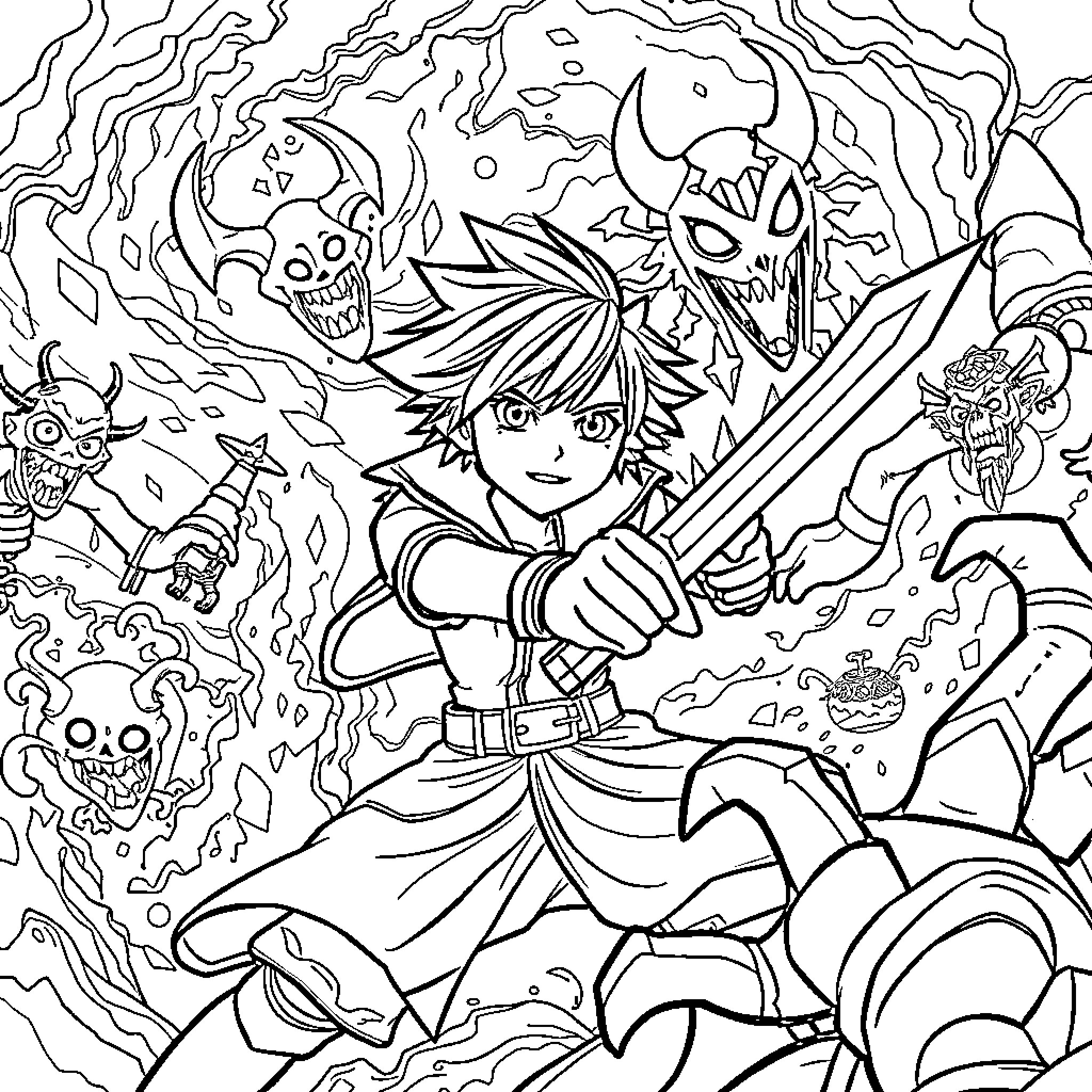 Sora's Courageous Adventure Amidst Fantastical Creatures Coloring Page (free black-and-white line drawing printable PDF for all, from beginners to advanced learners, including children, teens, adults, and seniors)