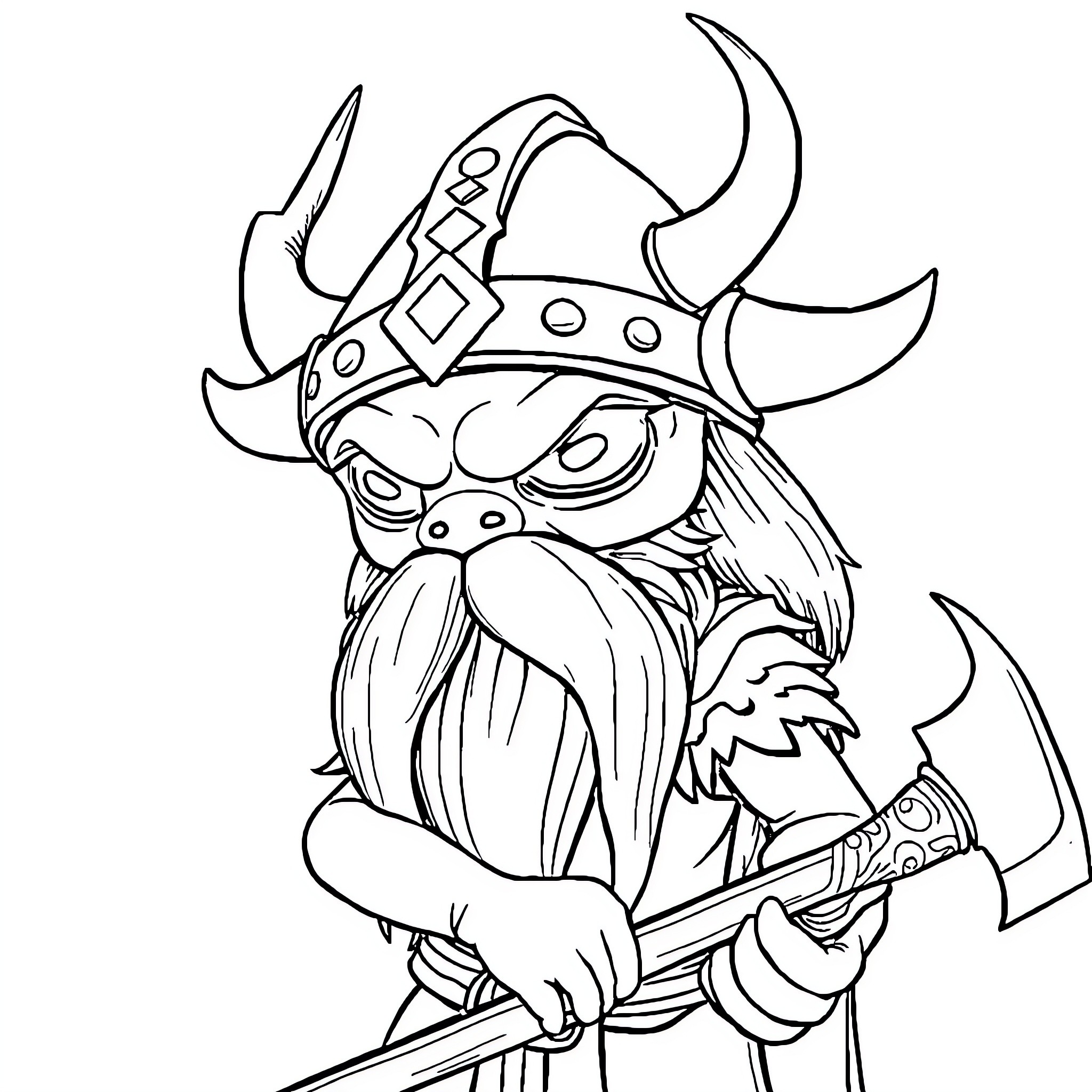 Alien Viking warrior wielding axe and scowling Coloring Page (free black-and-white line drawing printable PDF for all, from beginners to advanced learners, including children, teens, adults, and seniors)