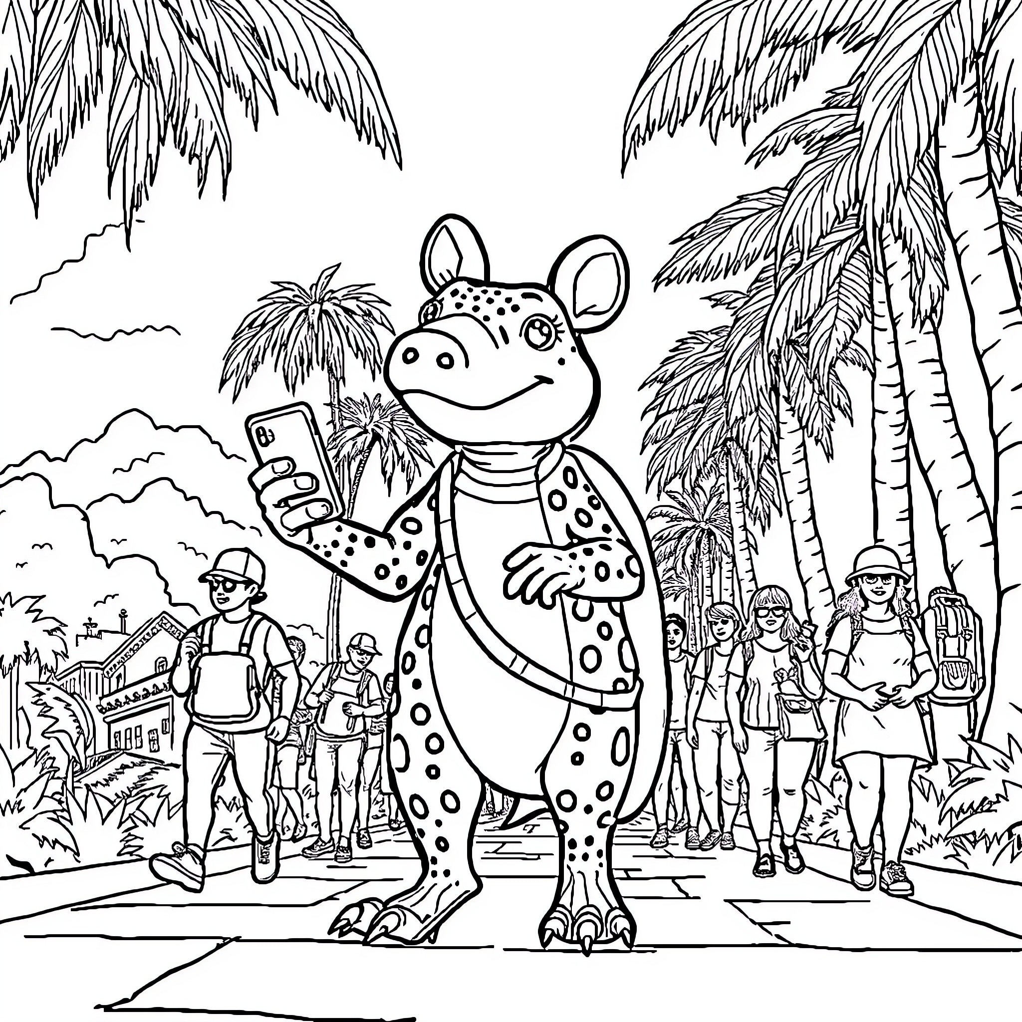 Capybara taking a selfie with tourists in a tropical setting Coloring Page (free black-and-white line drawing printable PDF for all, from beginners to advanced learners, including children, teens, adults, and seniors)