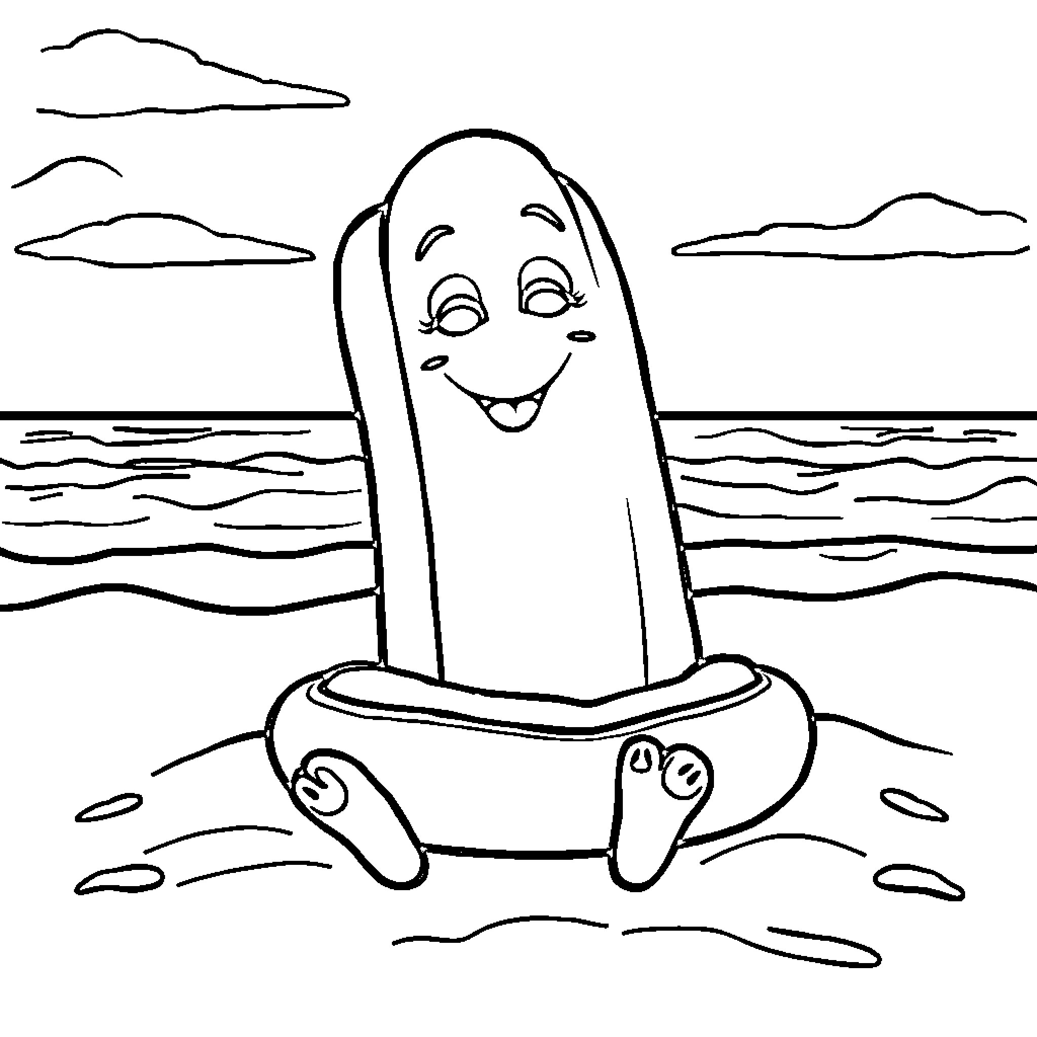 Hotdog relaxing on the beach Coloring Page (free black-and-white line drawing printable PDF for all, from beginners to advanced learners, including children, teens, adults, and seniors)