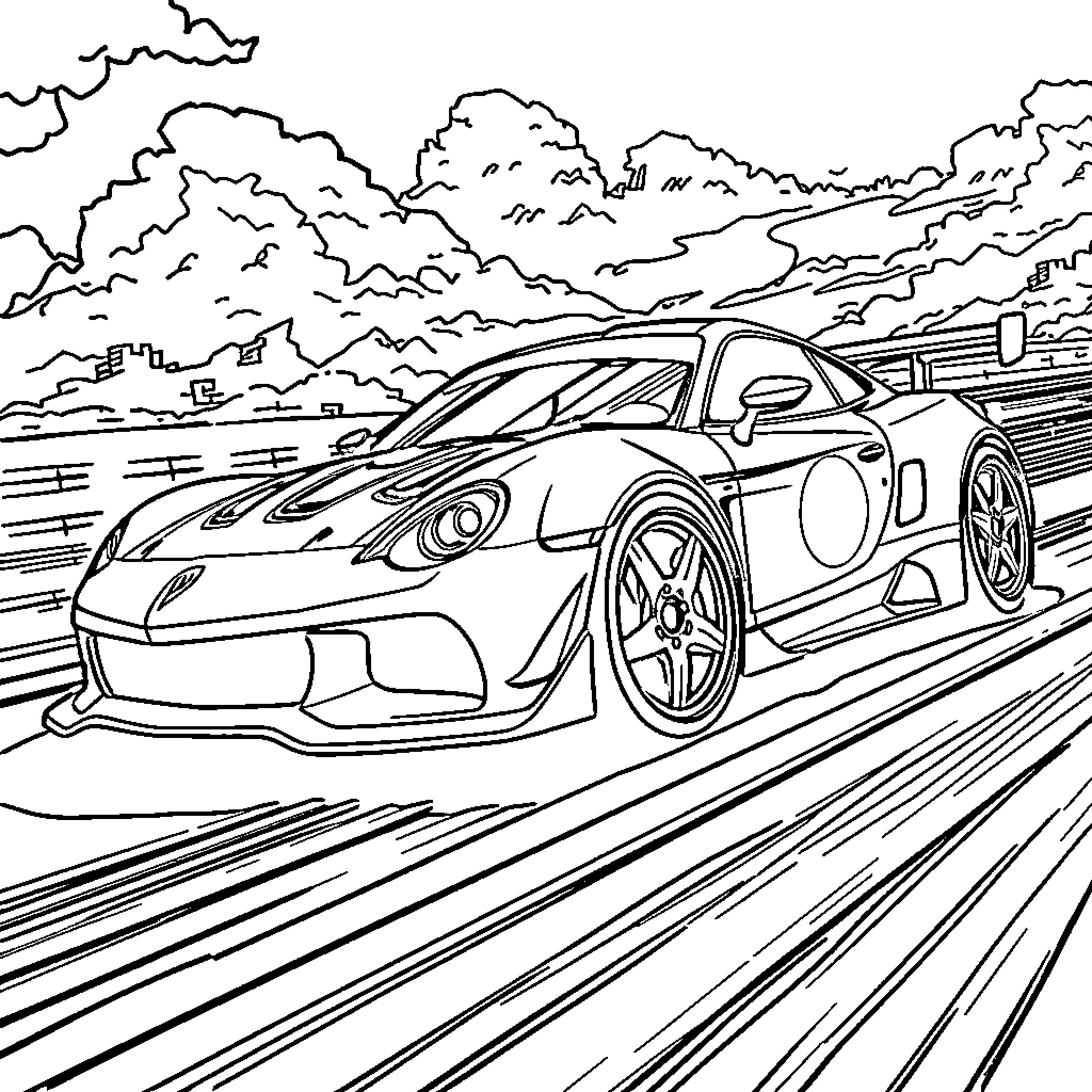 Race Car speeding on the road with mountains in the background Coloring Page (free black-and-white line drawing printable PDF for all, from beginners to advanced learners, including children, teens, adults, and seniors)