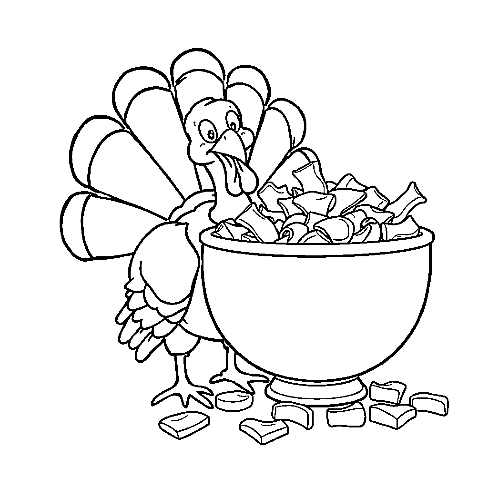 Turkey enjoying a bowl of treats Coloring Page (free black-and-white line drawing printable PDF for all, from beginners to advanced learners, including children, teens, adults, and seniors)