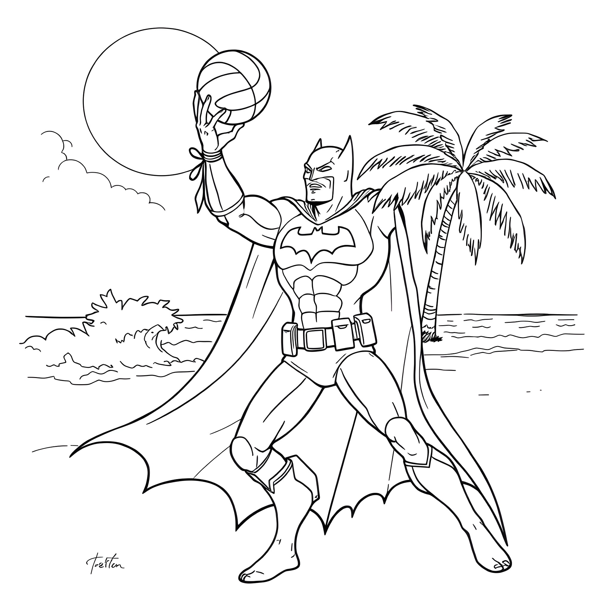 Batman striking a heroic pose on a tropical beach Coloring Page (free black-and-white line drawing printable PDF for all, from beginners to advanced learners, including children, teens, adults, and seniors)