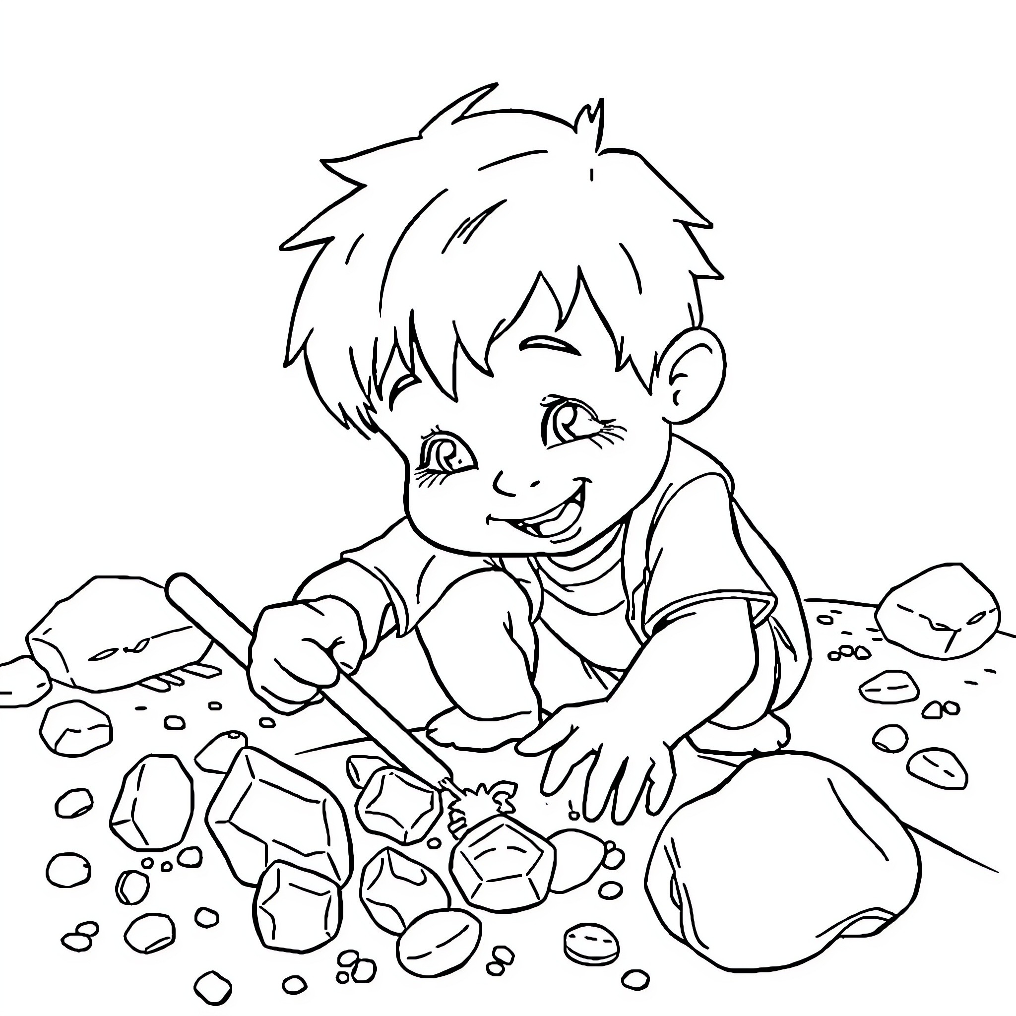 Boy playing with rocks and gems in the park Coloring Page (free black-and-white line drawing printable PDF for all, from beginners to advanced learners, including children, teens, adults, and seniors)