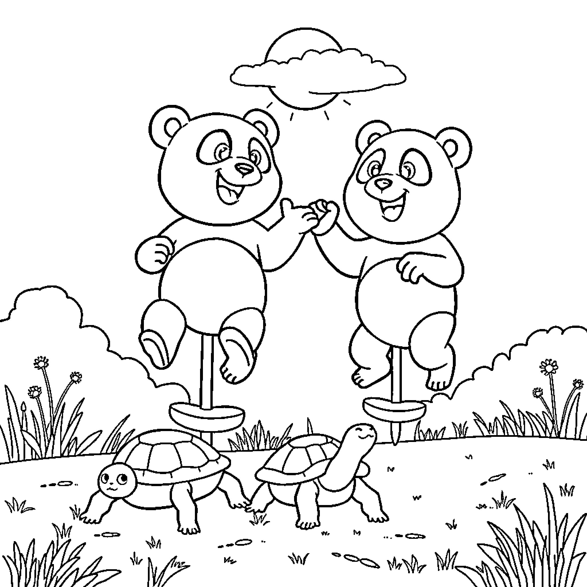 Panda friends playing happily in nature Coloring Page (free black-and-white line drawing printable PDF for all, from beginners to advanced learners, including children, teens, adults, and seniors)