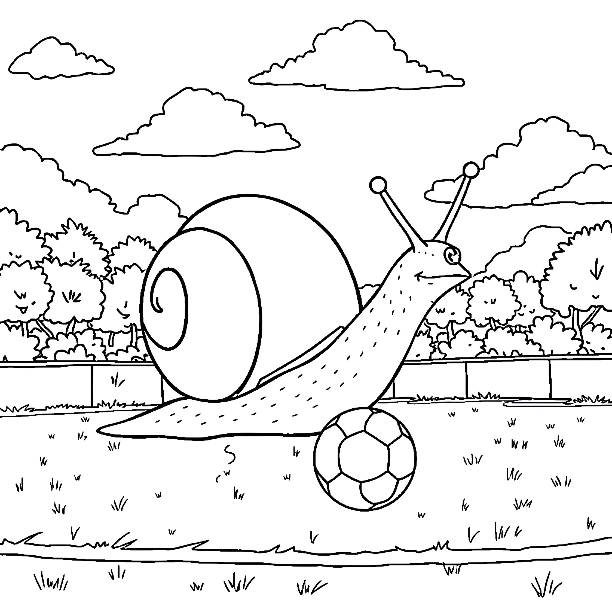 Escargot playing with a soccer ball in the park Coloring Page (free black-and-white line drawing printable PDF for all, from beginners to advanced learners, including children, teens, adults, and seniors)