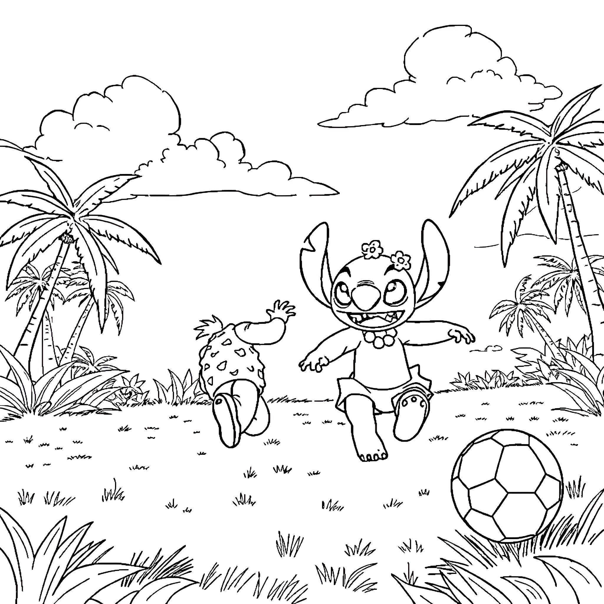 Lilo playing joyfully with friends in tropical paradise Coloring Page (free black-and-white line drawing printable PDF for all, from beginners to advanced learners, including children, teens, adults, and seniors)
