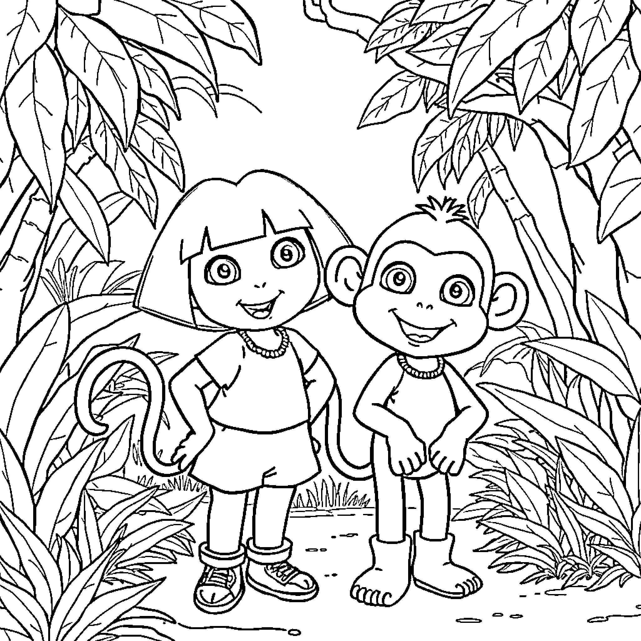 Dora and Boots Explore the Jungle Coloring Page (free black-and-white line drawing printable PDF for all, from beginners to advanced learners, including children, teens, adults, and seniors)